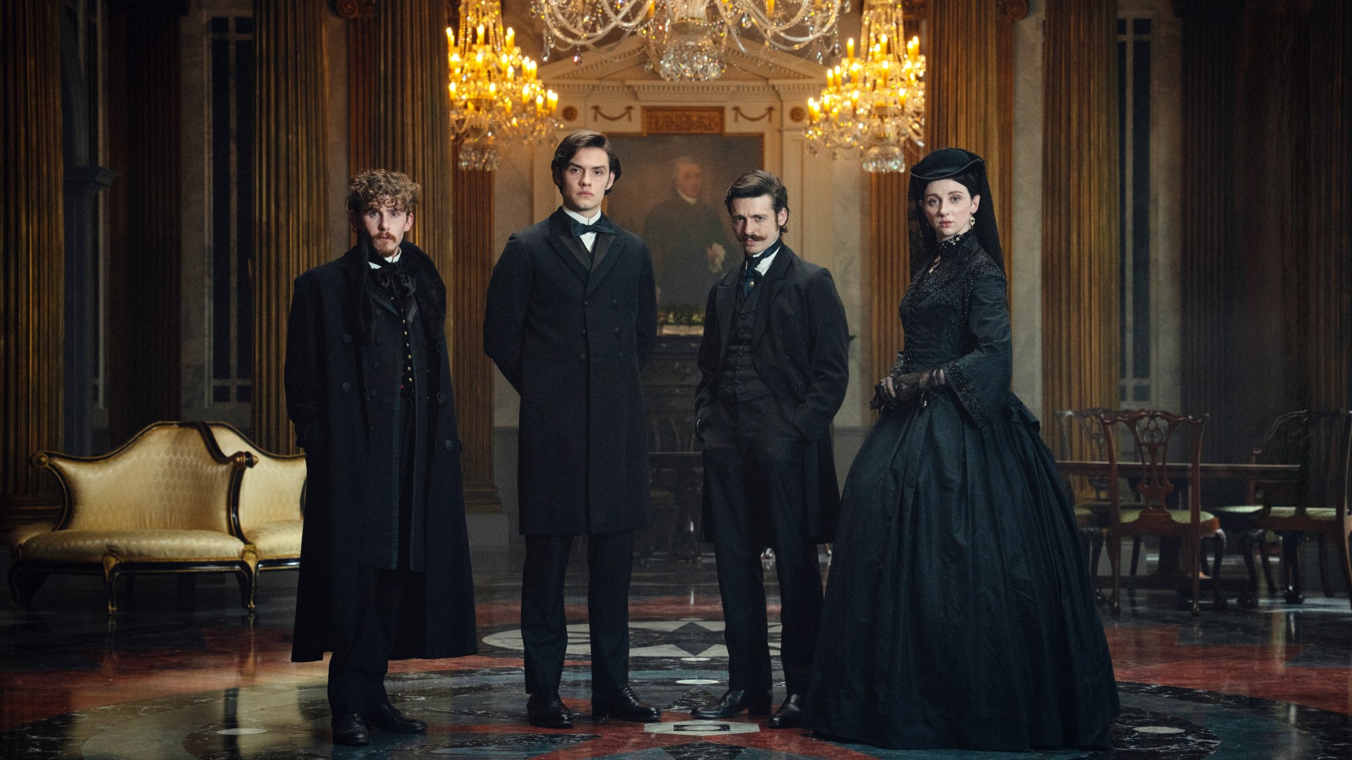 Fionn O'Shea, Louis Partridge, Anthony Boyle and Emily Fairn in House of Guinness