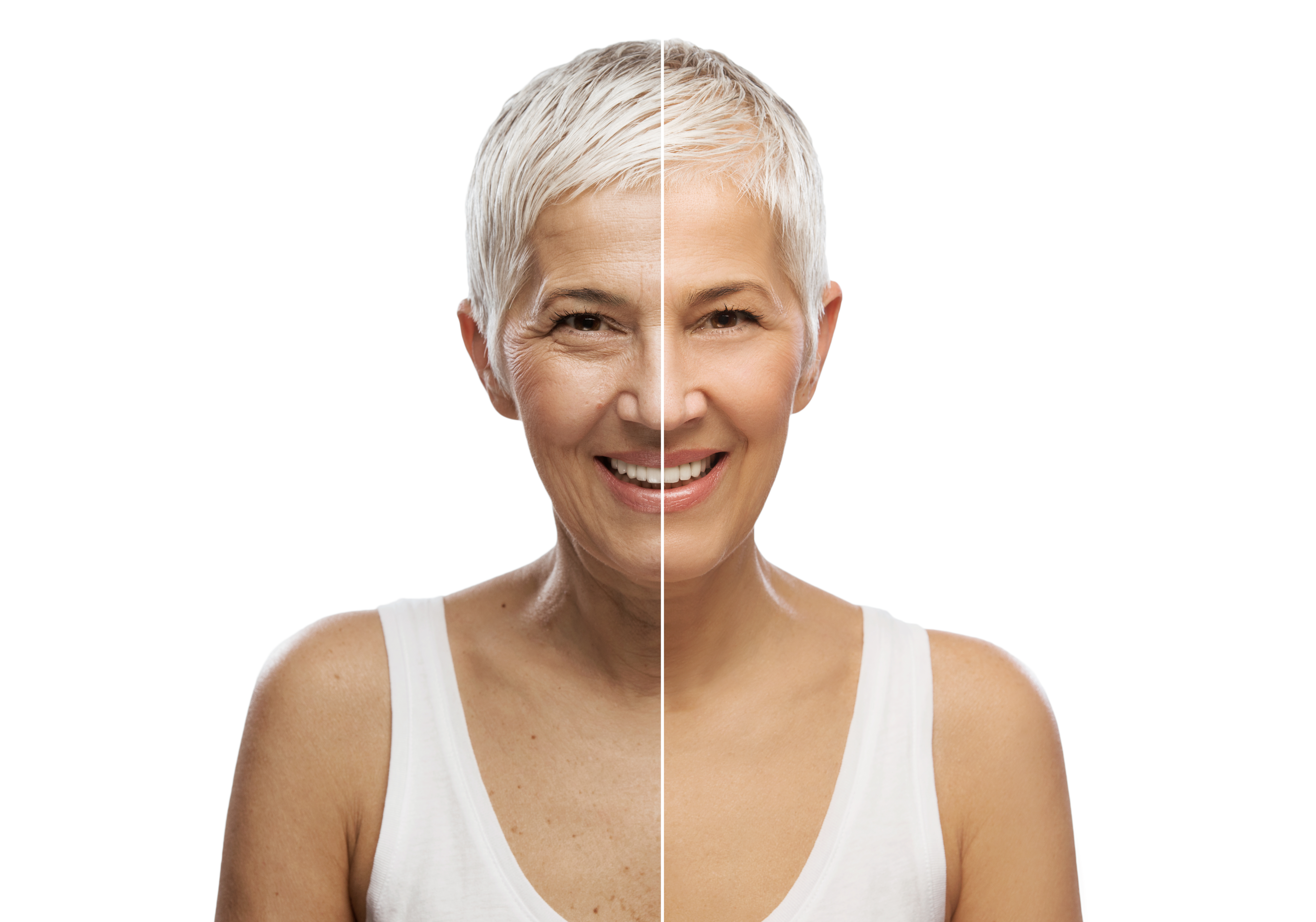Portrait of a beautiful elderly woman, aging concept, isolated on white background