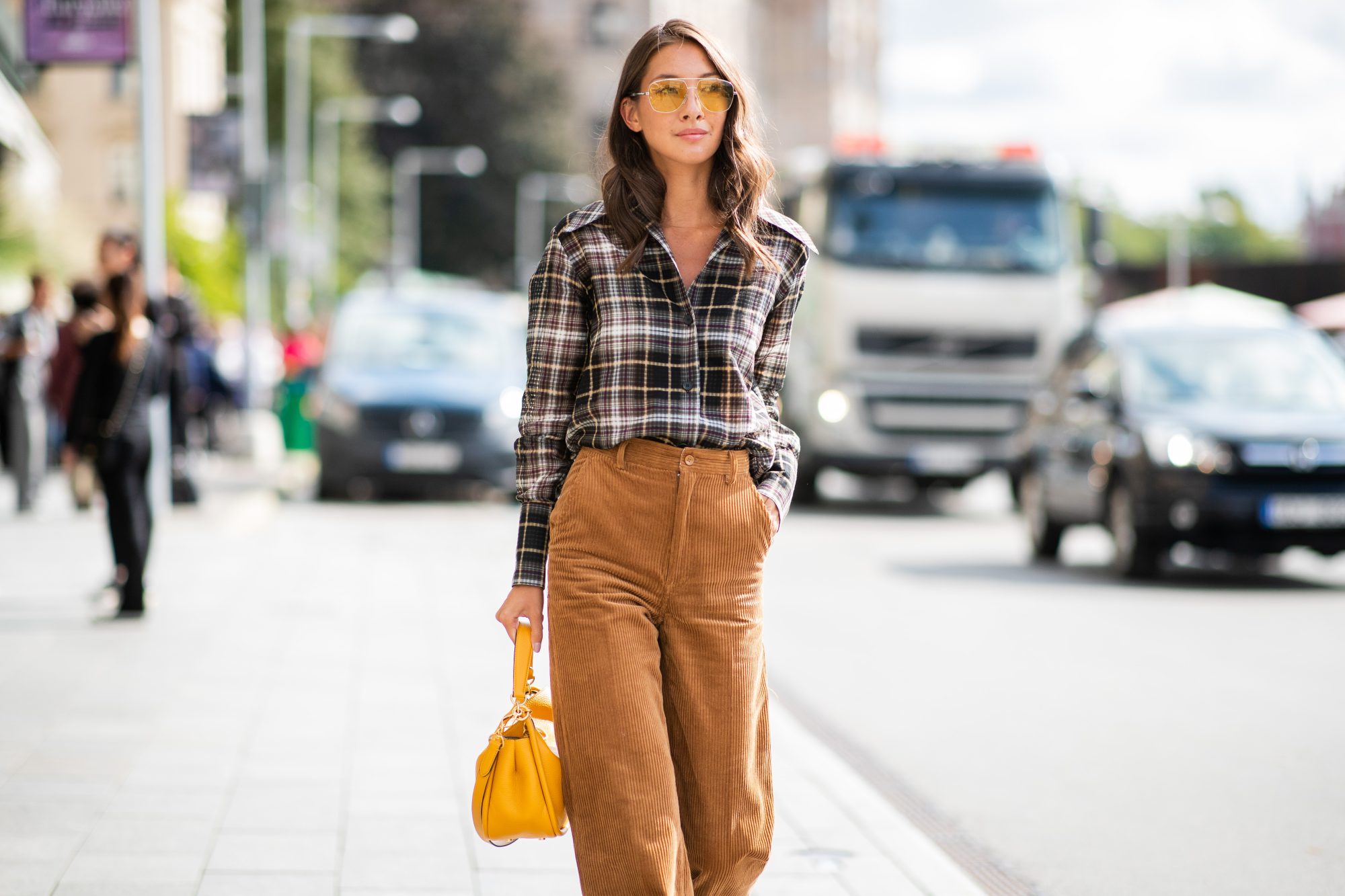 STOCKHOLM, SWEDEN - AUGUST 28: Felicia Akerstrom Ma wearing checked button shirt, corduroy pants is seen during Stockholm Runway SS19 on August 28, 2018 in Stockholm, Sweden. (Photo by Christian Vierig/Getty Images)