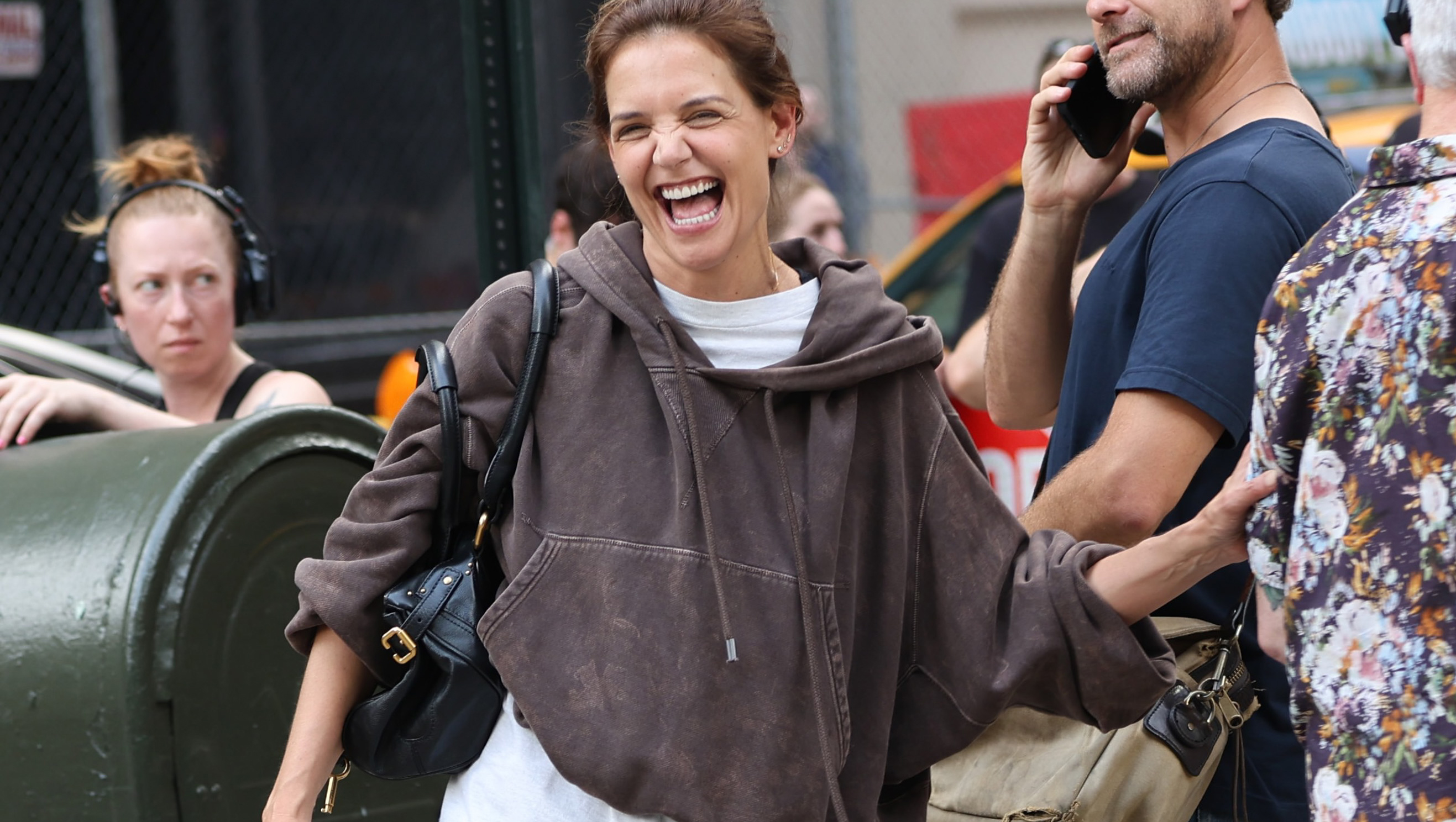 NEW YORK, NY - JULY 30: Katie Holmes and Joshua Jackson are seen on the movie set of the 'Happy Hours' on July 30, 2025 in New York City. (Photo by Jose Perez/Bauer-Griffin/GC Images)