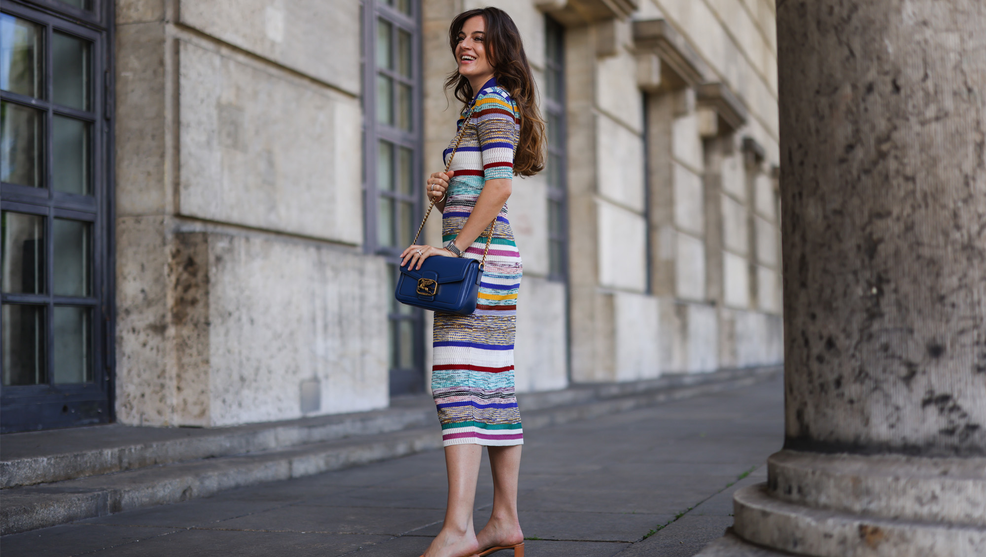 Cleo zu Oettingen-Spielberg wearing colorful striped Missoni dress and blue Etro leather bag via Lodenfrey SS21 on May 10, 2021 in Munich, Germany.