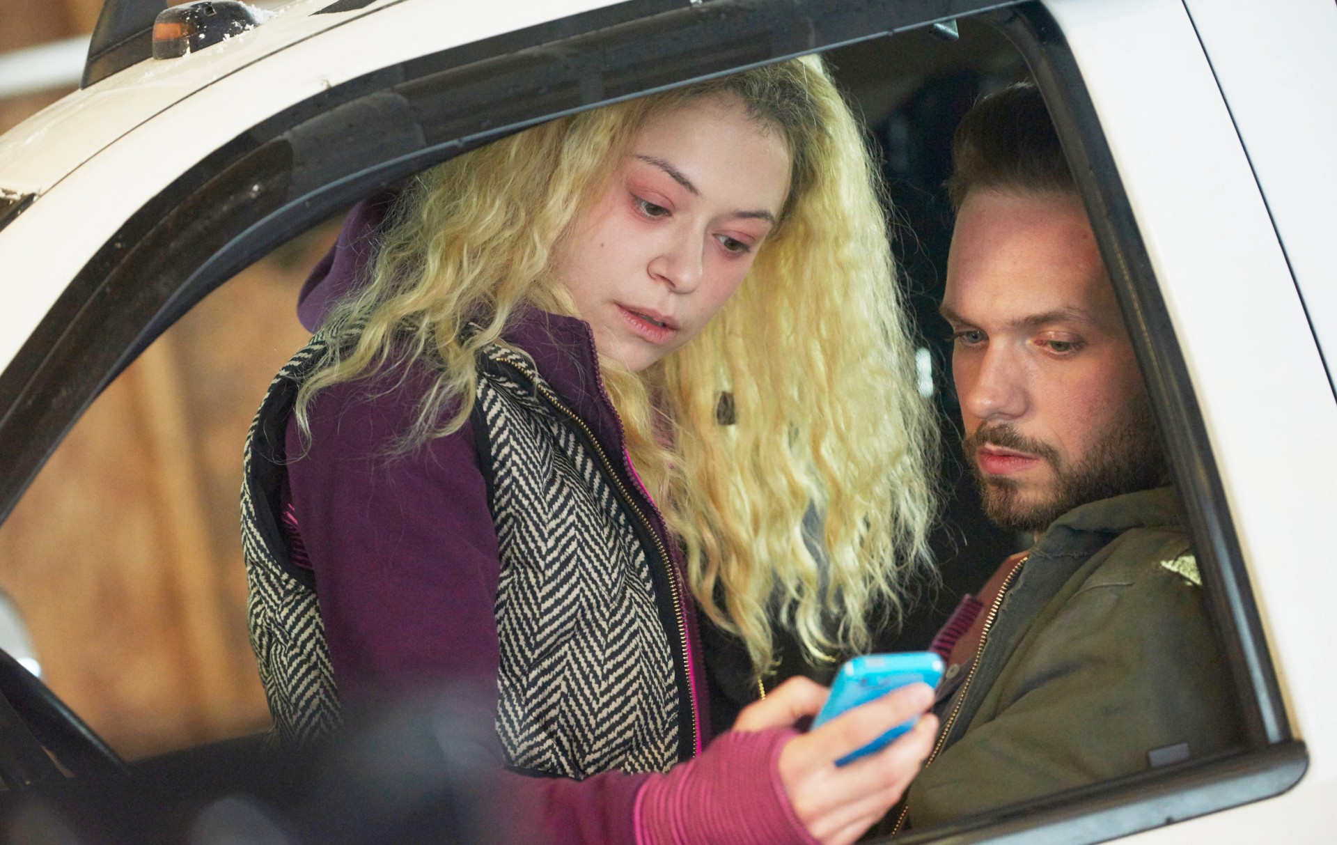 Tatiana Maslany (as Helena), Patrick J. Adams in Orphan Black