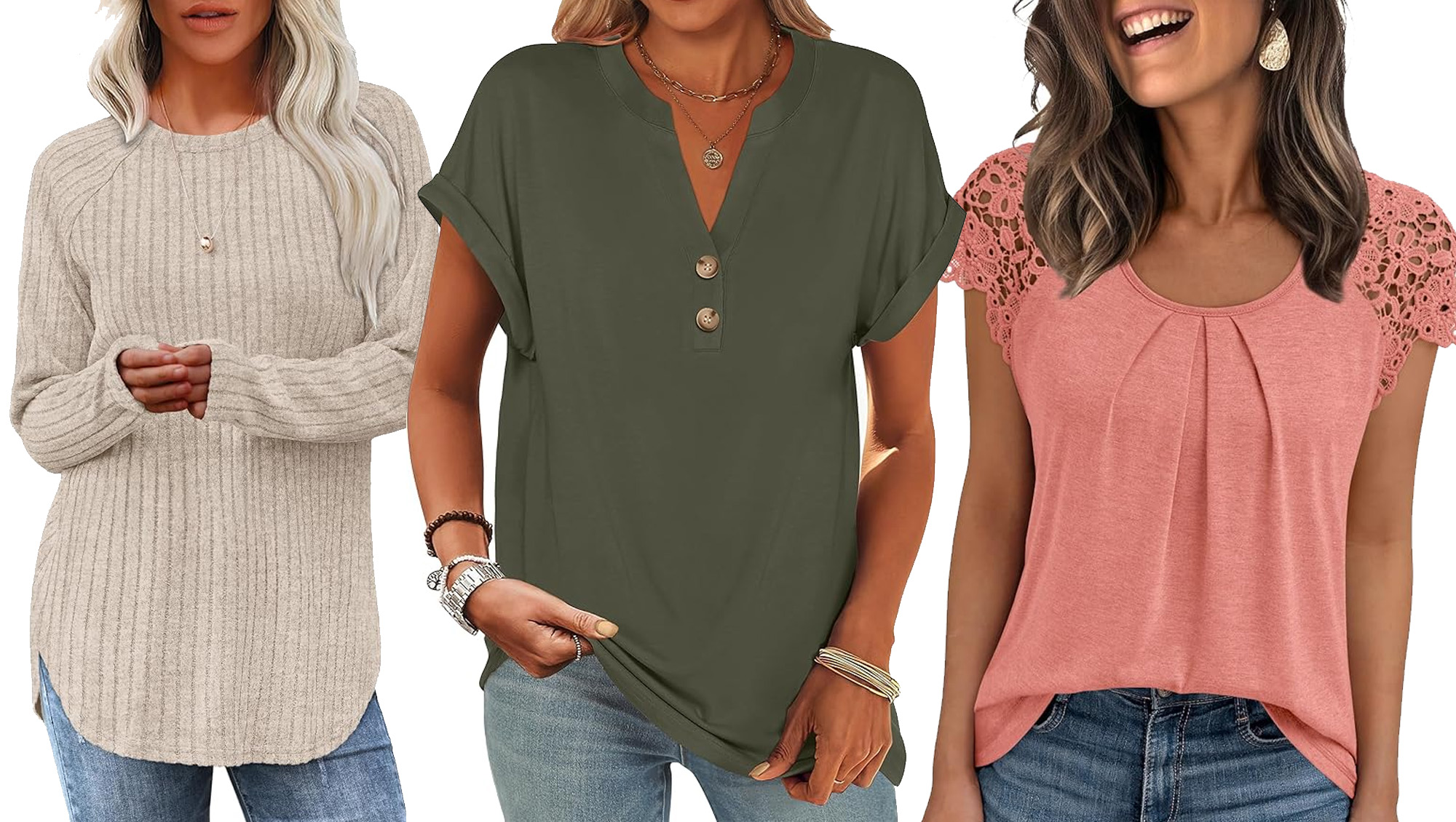 beige, olive and pink tops from Amazon