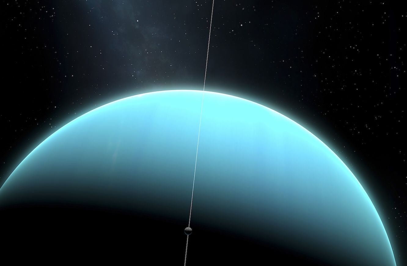 An impression of the green ice giant planet, Uranus, with one of its moons, Miranda. Uranus is the seventh planet in order of distance from the Sun, orbiting at an average distance of 2.85 billion km. It is unusual in that it has a very pale, almost featureless atmosphere, and an axial tilt close to 100 degrees
