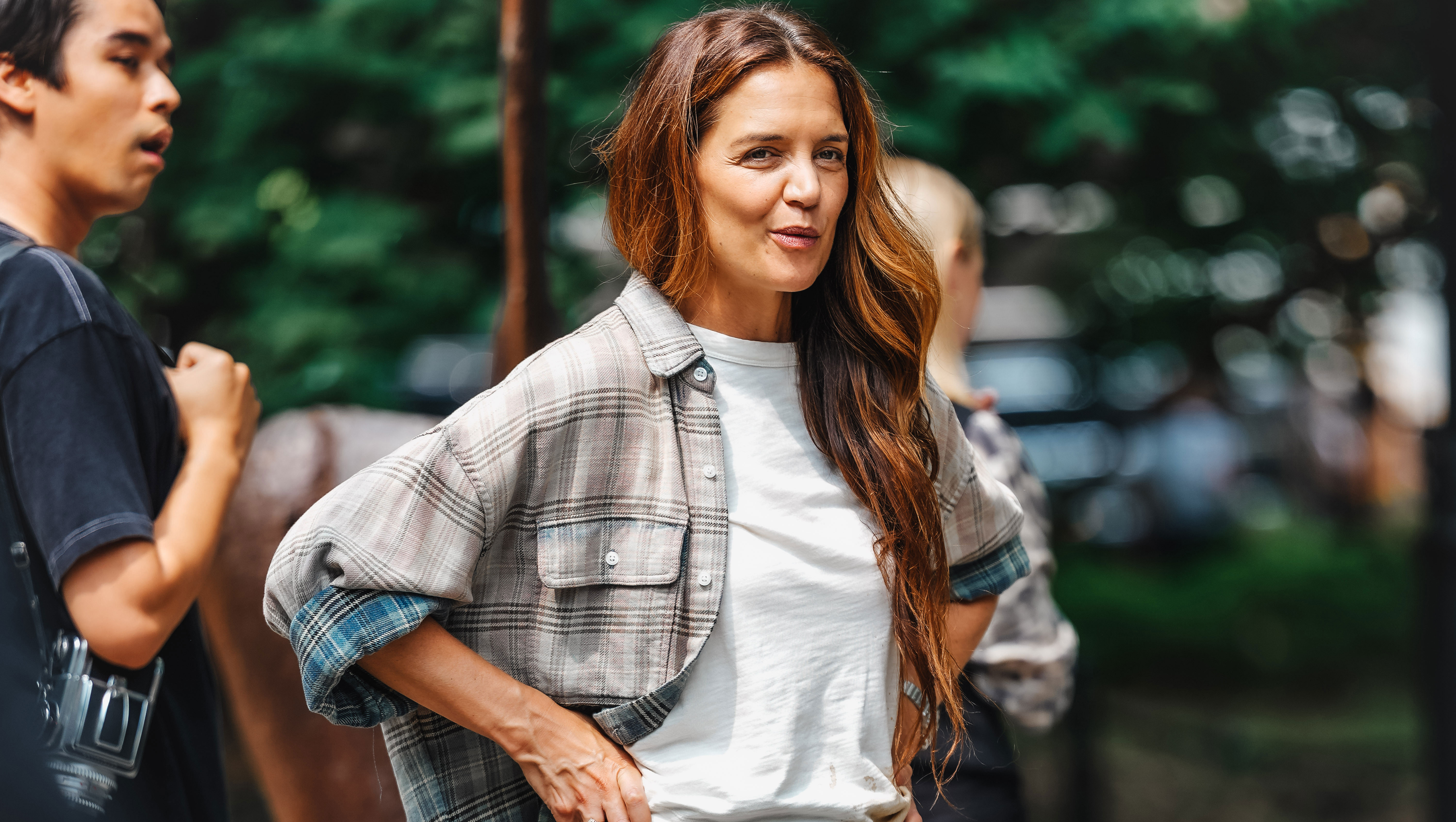 NEW YORK, NY - AUGUST 5: Katie Holmes is seen on the set of "Happy Hours" on August 5, 2025 in New York City. (Photo by XNY/Star Max/GC Images)