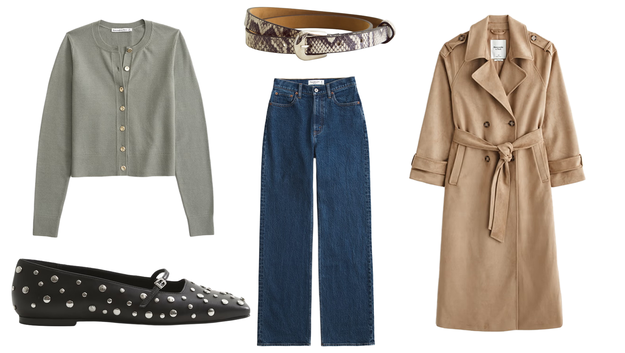 Cardigan, Jeans, Belt, Trench Coat, Ballet Flats from Abercrombie