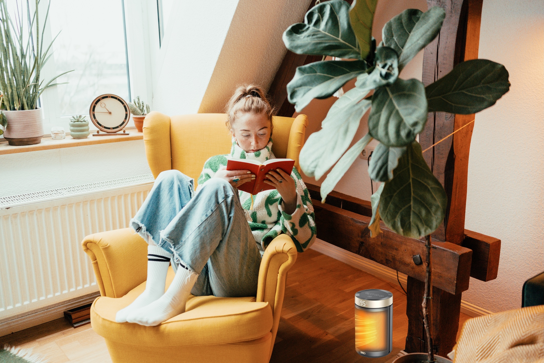 Woman staying cozy with a Dreo space heater