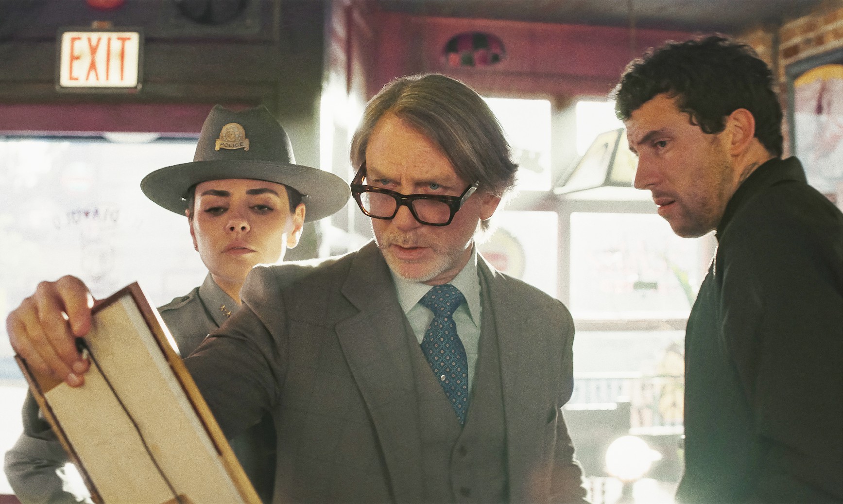 Mila Kunis, Daniel Craig and Josh O’Connor in Knives Out: Wake Up Dead Man