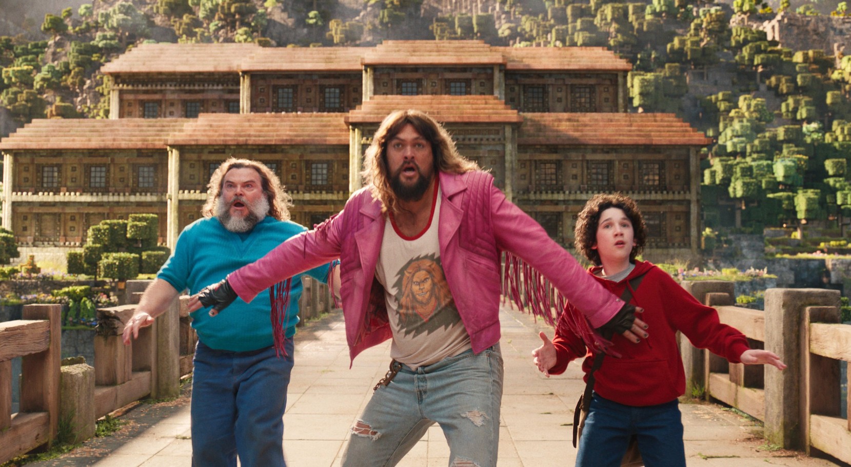 Jack Black, Jason Momoa and Sebastian Hansen in A Minecraft Movie