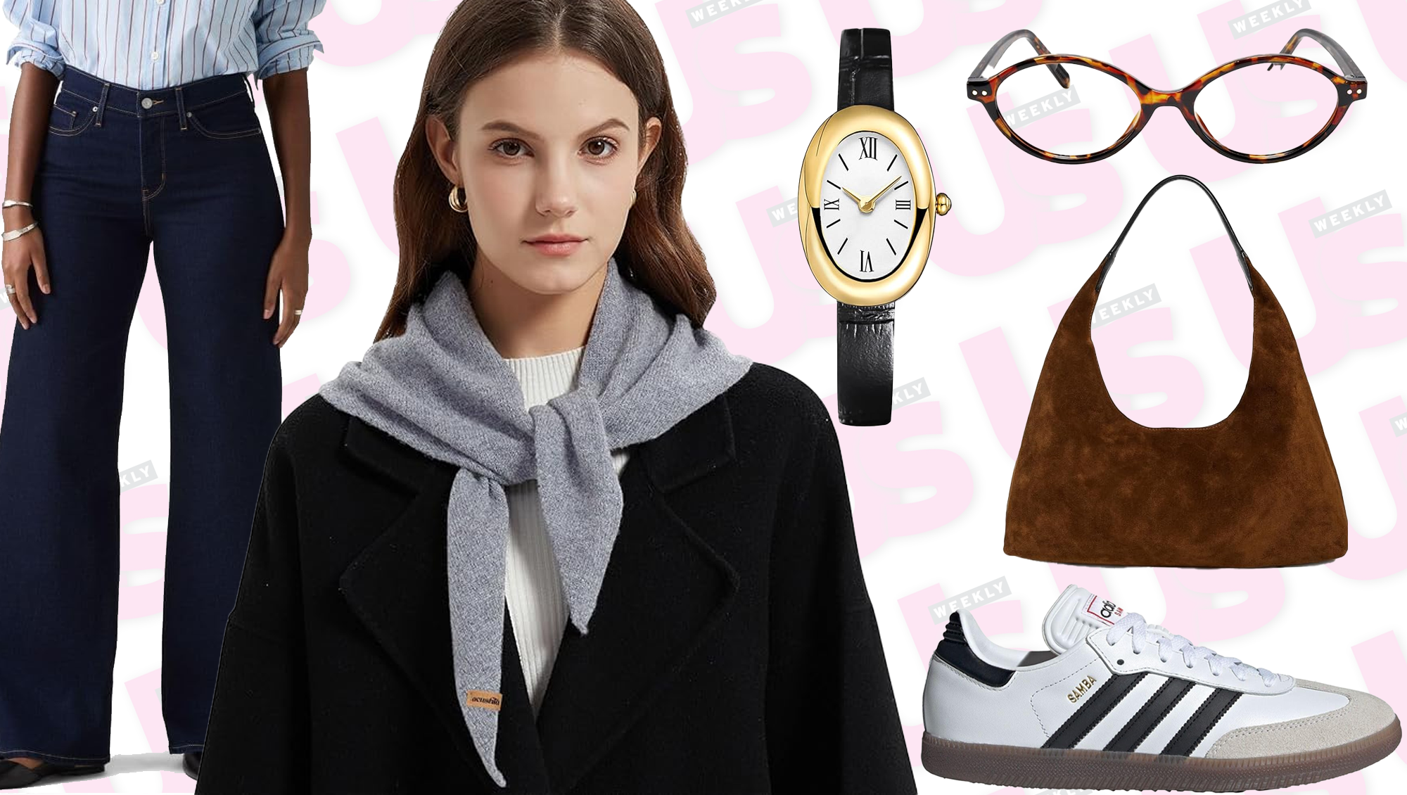 Levi's Jeans, Suede Bag, Adidas Sneakers, Gray Scarf, Watch and Glasses from Amazon