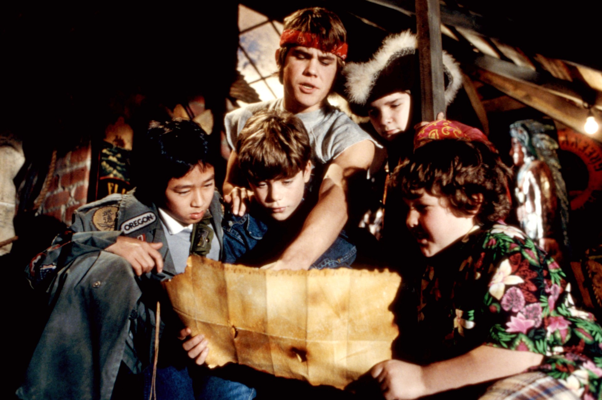 Ke Huy Quan (aka Jonathan Ke Quan), Sean Astin, Josh Brolin, Corey Feldman and Jeff Cohen in The Goonies