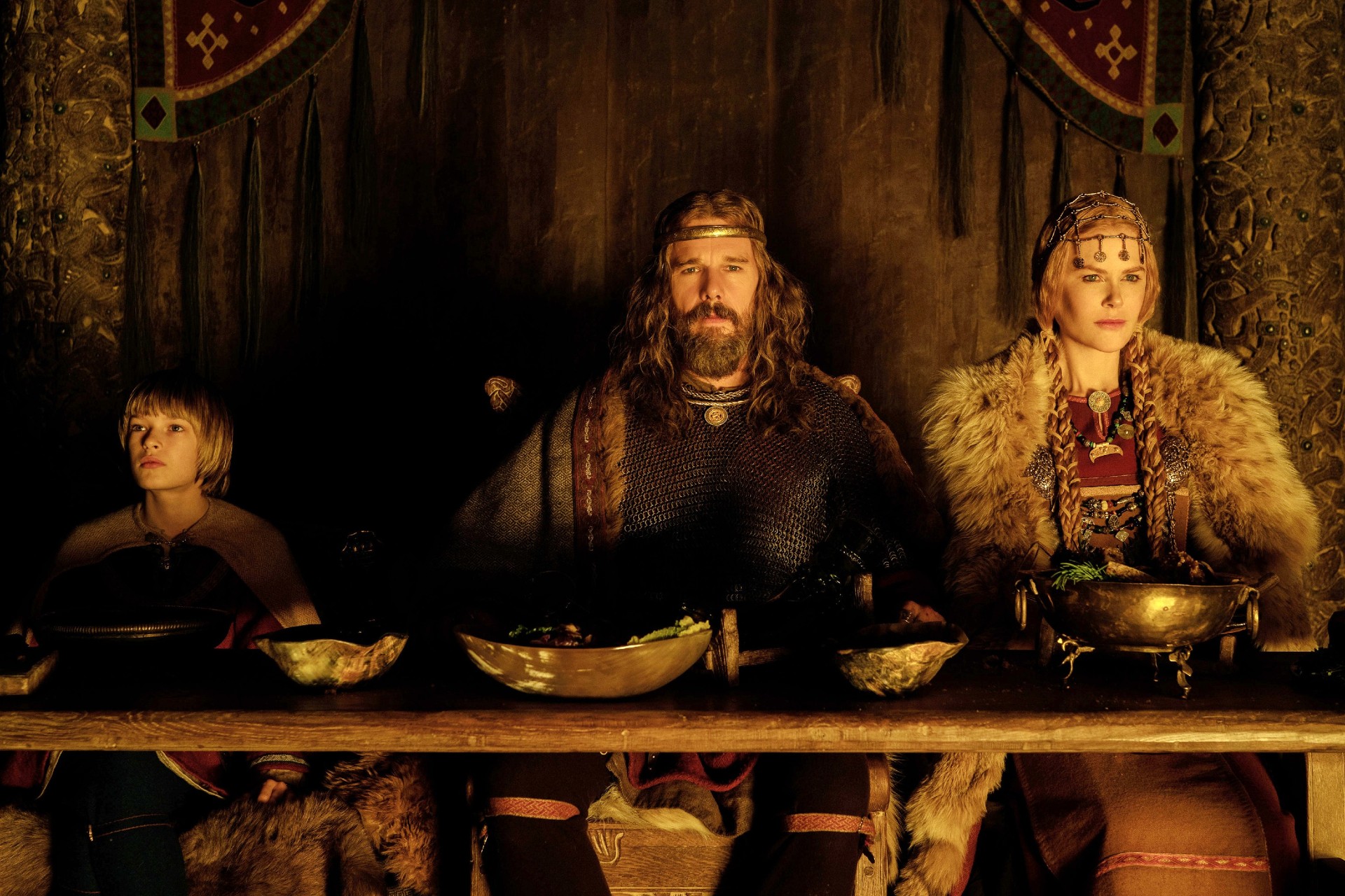 Oscar Novak, Ethan Hawke and Nicole Kidman in The Northman