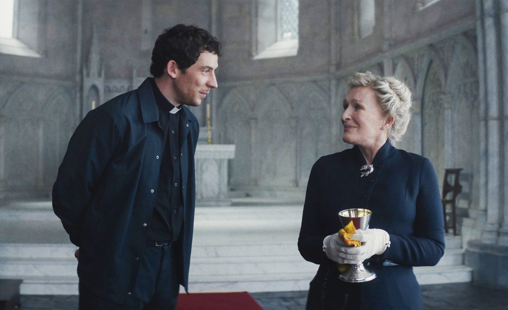 Josh O' Connor and Glenn Close in Wake Up Dead Man