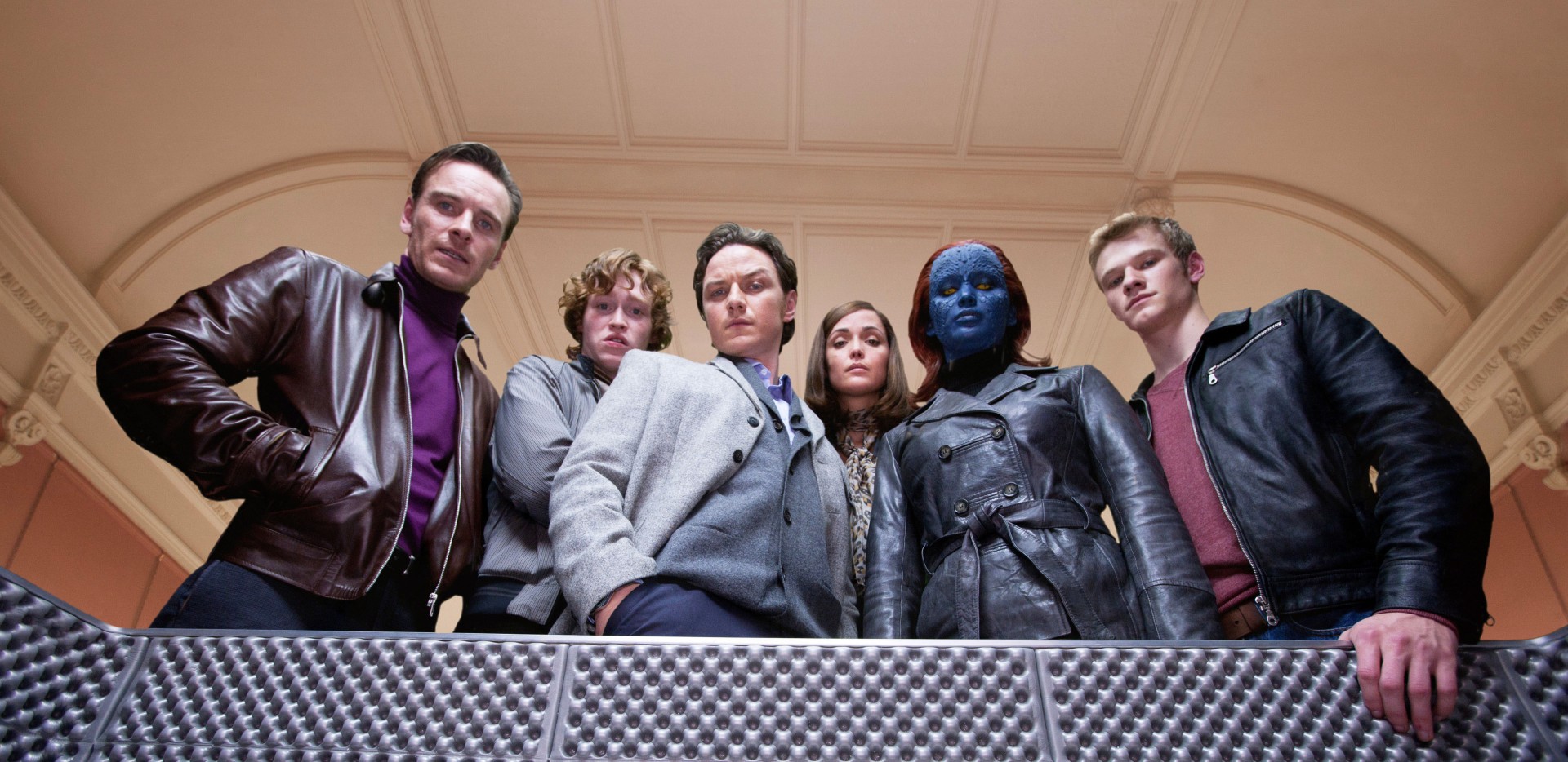 Michael Fassbender, Caleb Landry Jones, James McAvoy, Rose Byrne, Jennifer Lawrence and Lucas Till in X-Men: First Class