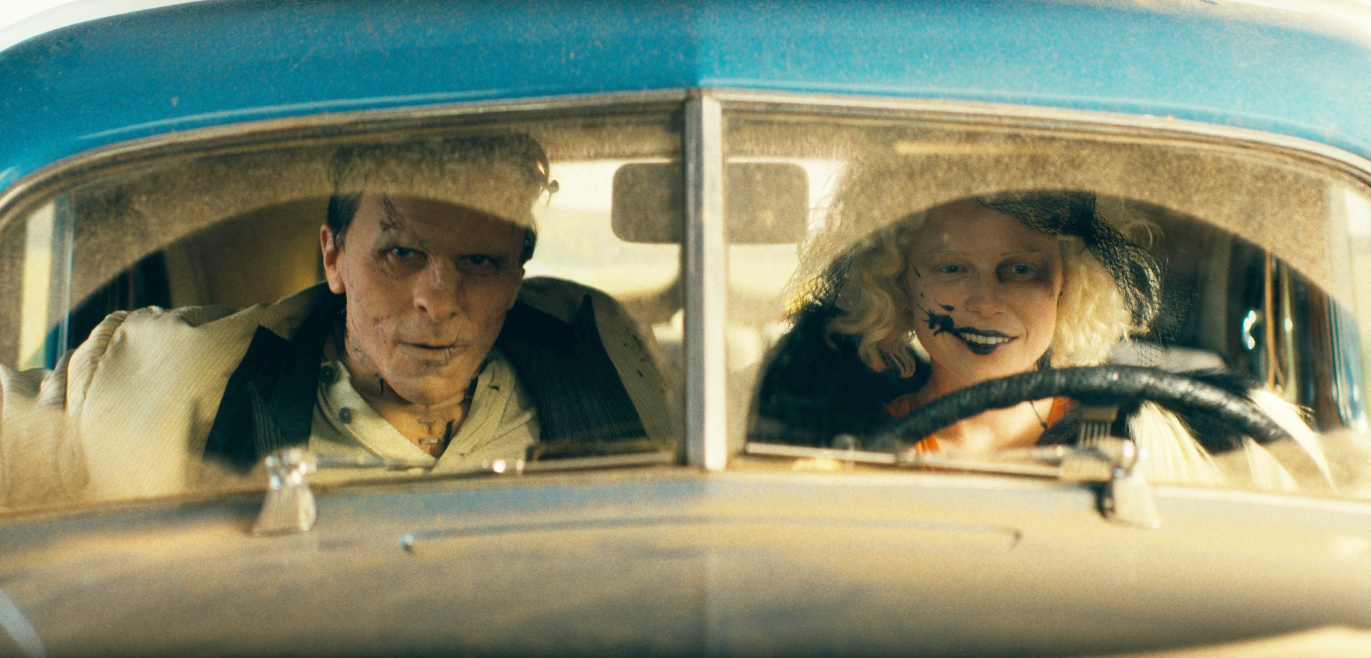 Christian Bale as Frankenstein's Monster and Jessie Buckley as The Bride in The Bride!
