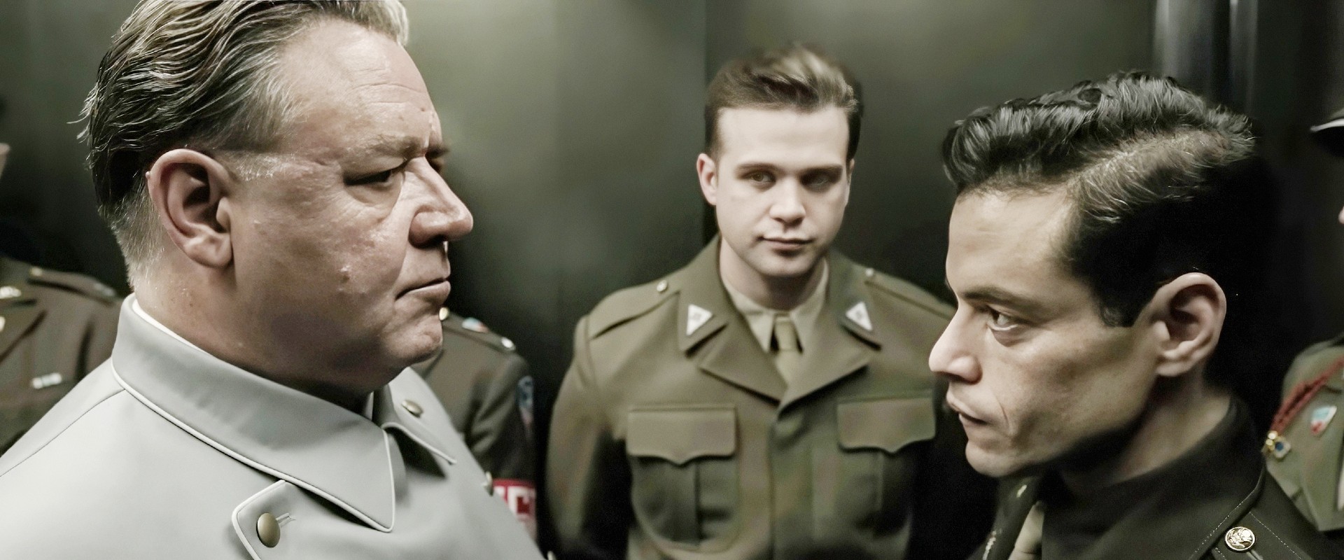 Russell Crowe as Hermann Goring, Leo Woodall and Rami Malek in Nuremberg