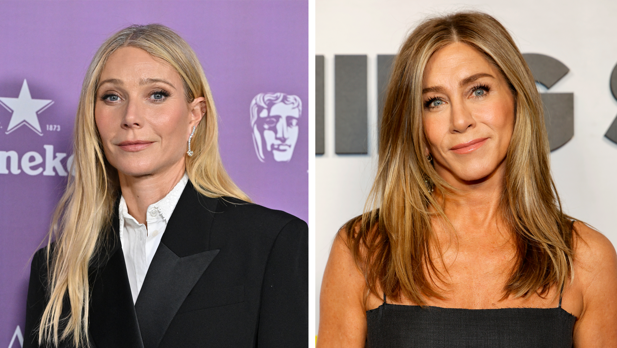 US actress Gwyneth Paltrow attends BAFTA Tea Party at The Four Seasons Hotel in Beverly Hills, California on January 10, 2026. / Jennifer Aniston at the red carpet for the Variety x Apple TV "The Morning Show" Finale and Reception at Linwood Dunn Theater on November 19, 2025 in Los Angeles, California.