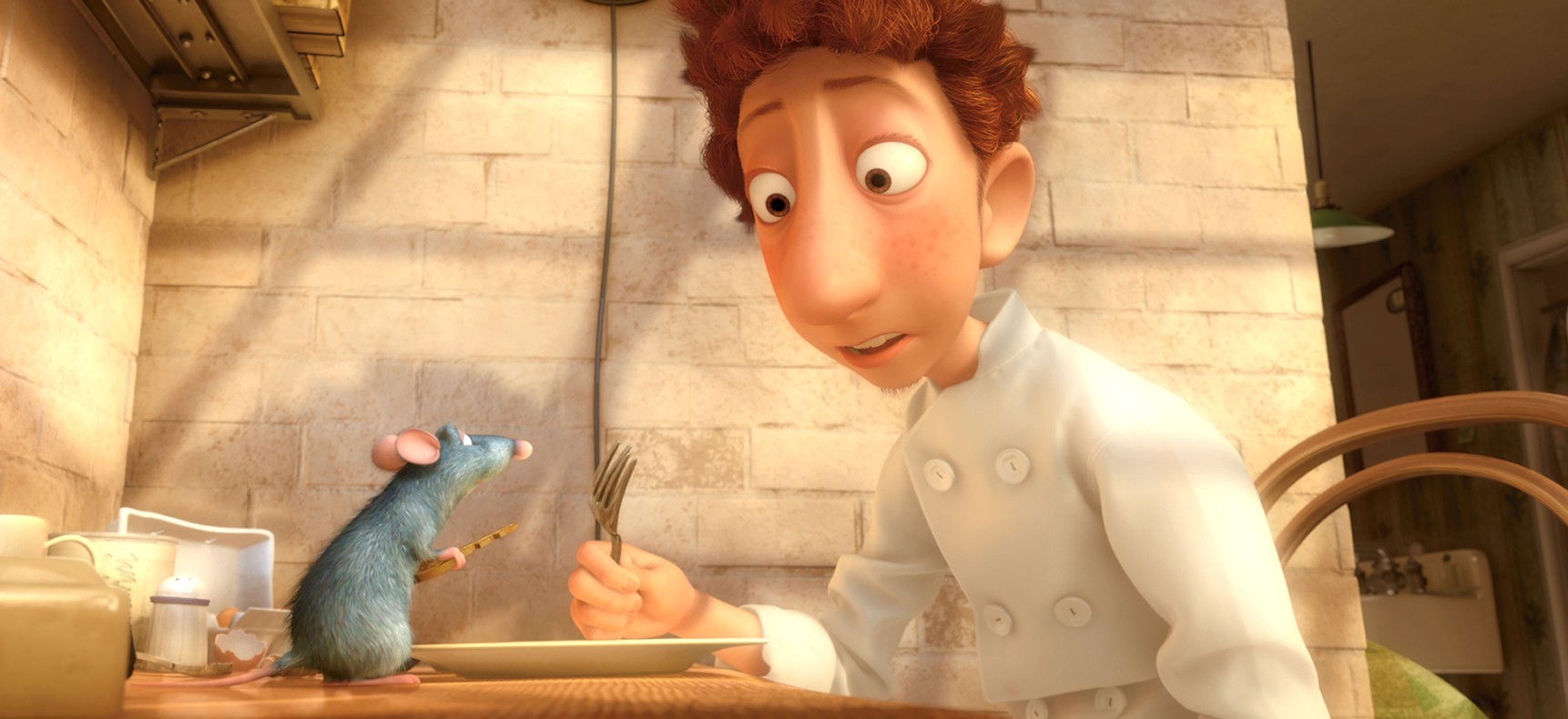 Remy (voice: Patton Oswalt), Linguini (voice: Lou Romano) in Ratatouille