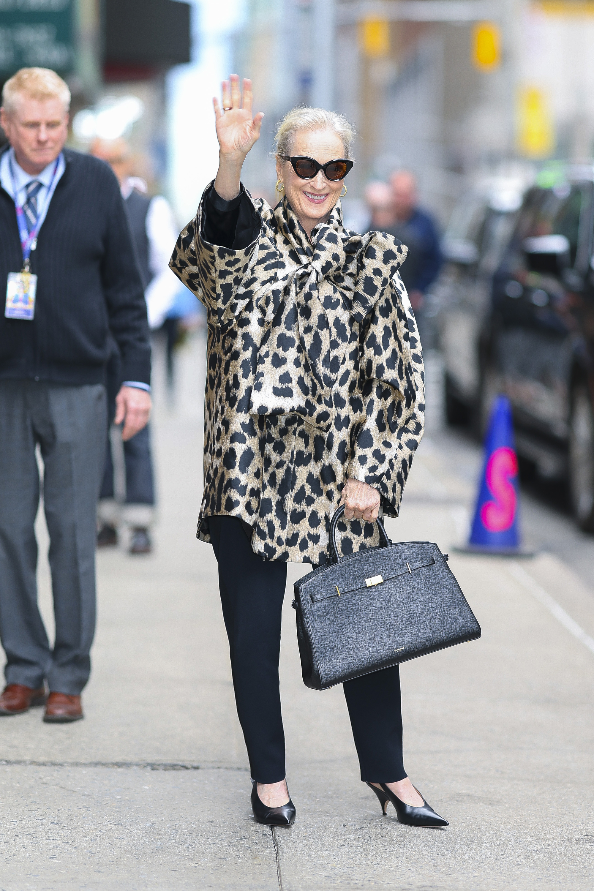 Meryl Streep seen at 'The Late Show With Stephen Colbert' in Midtown on April 01, 2026 in New York City.