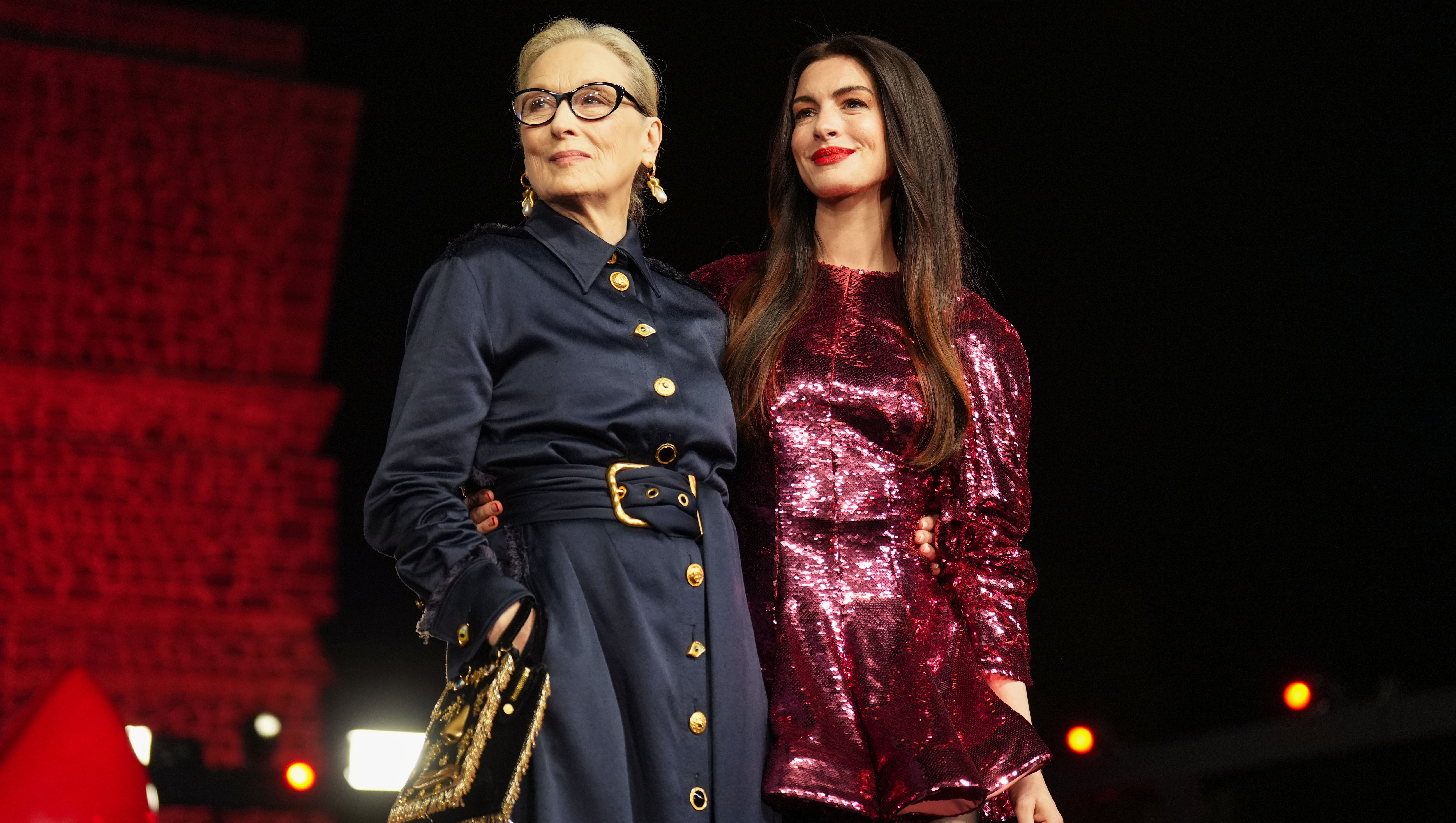 MEXICO CITY, MEXICO - MARCH 30: Anne Hathaway (R) and Meryl Streep attend the red carpet for the movie 'The Devil Wears Prada 2' at Anahuacalli Museum on March 30, 2026 in Mexico City, Mexico. (Photo by Cristopher Rogel Blanquet/Getty Images for Disney)
