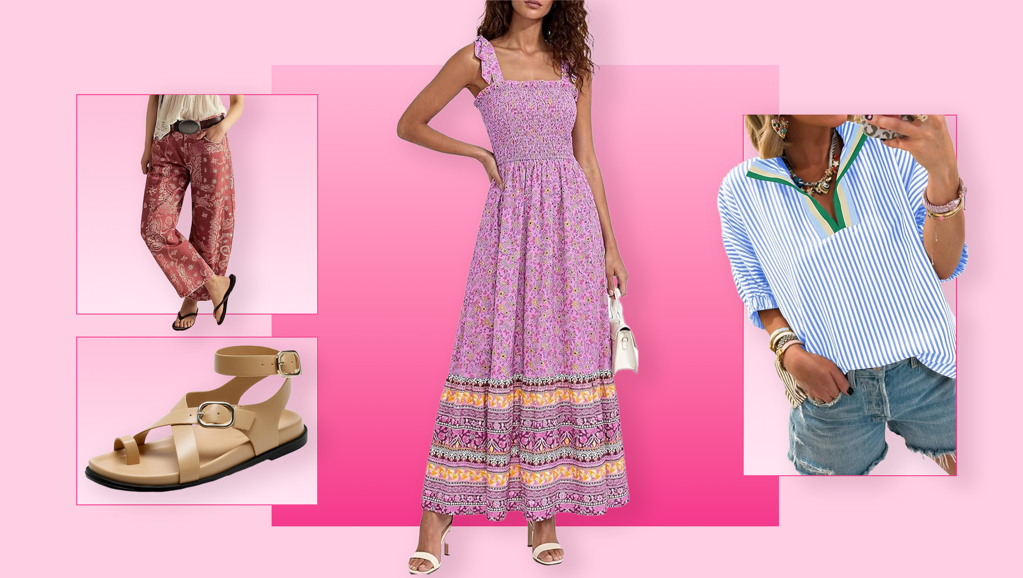 Barrel jeans, gladiator sandals, flowy dress and striped top