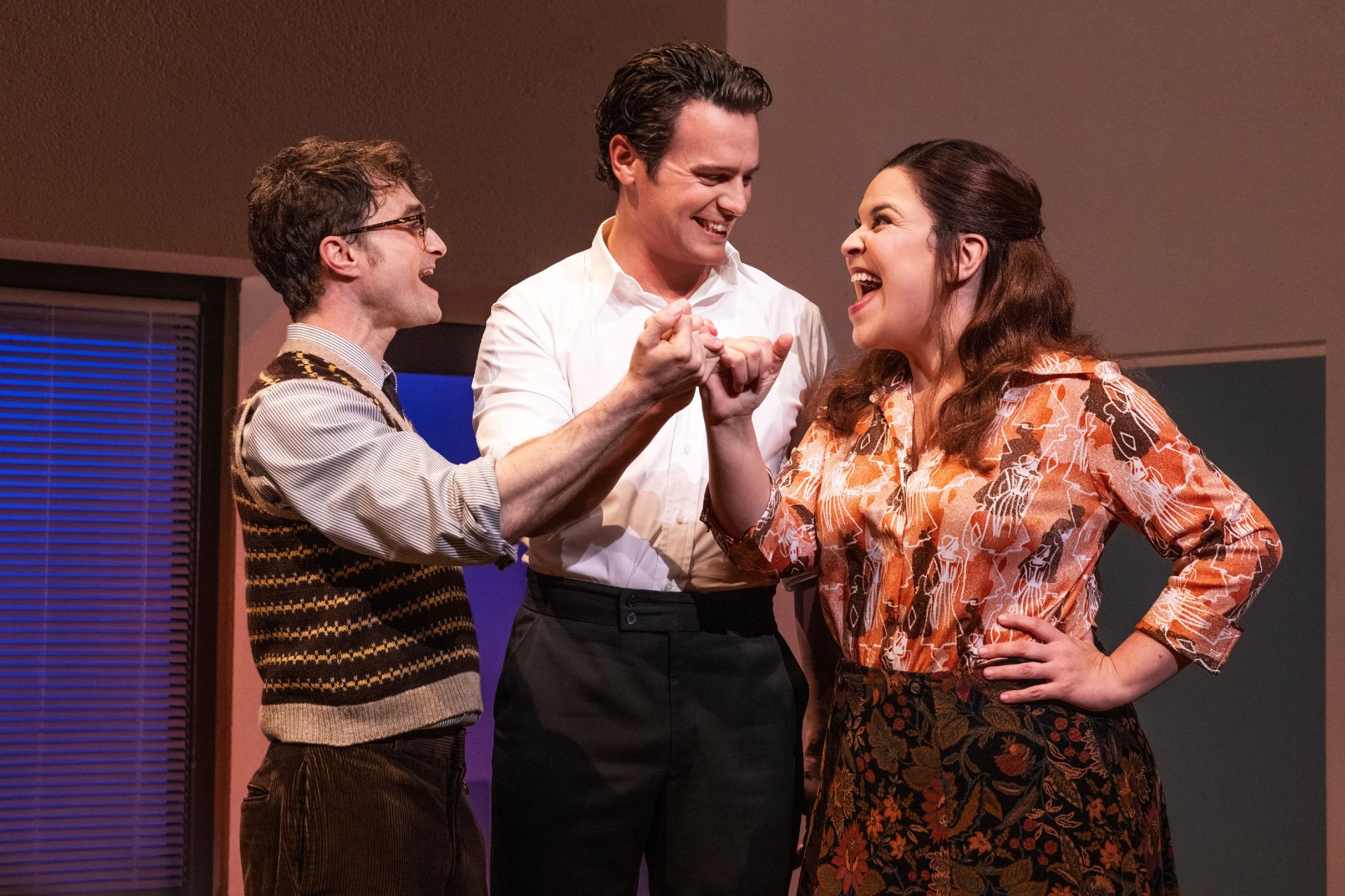 Daniel Radcliffe, Jonathan Groff and Lindsay Mendez in Merrily We Roll Along