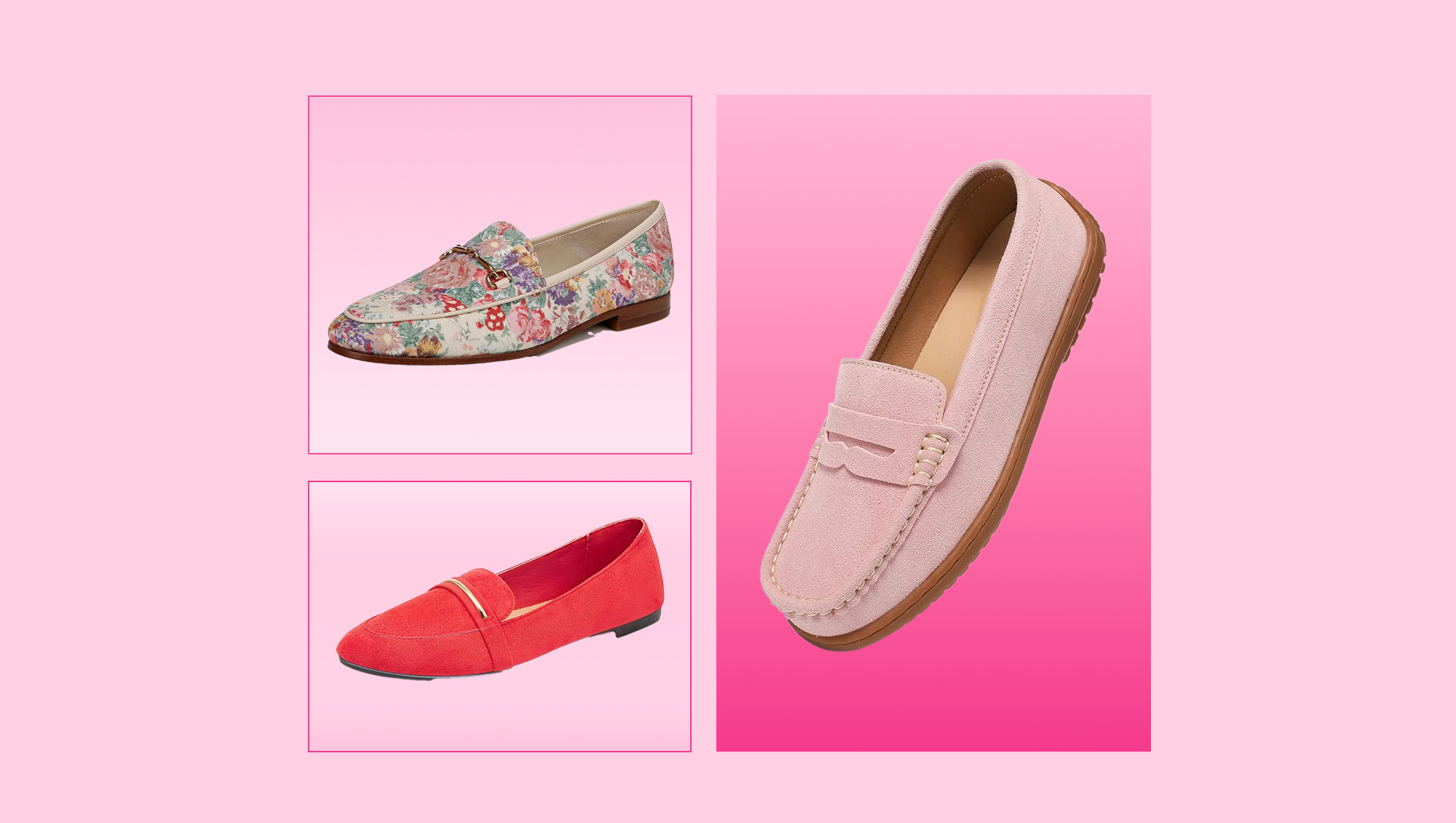 floral loafer, red loafer and pink loafer