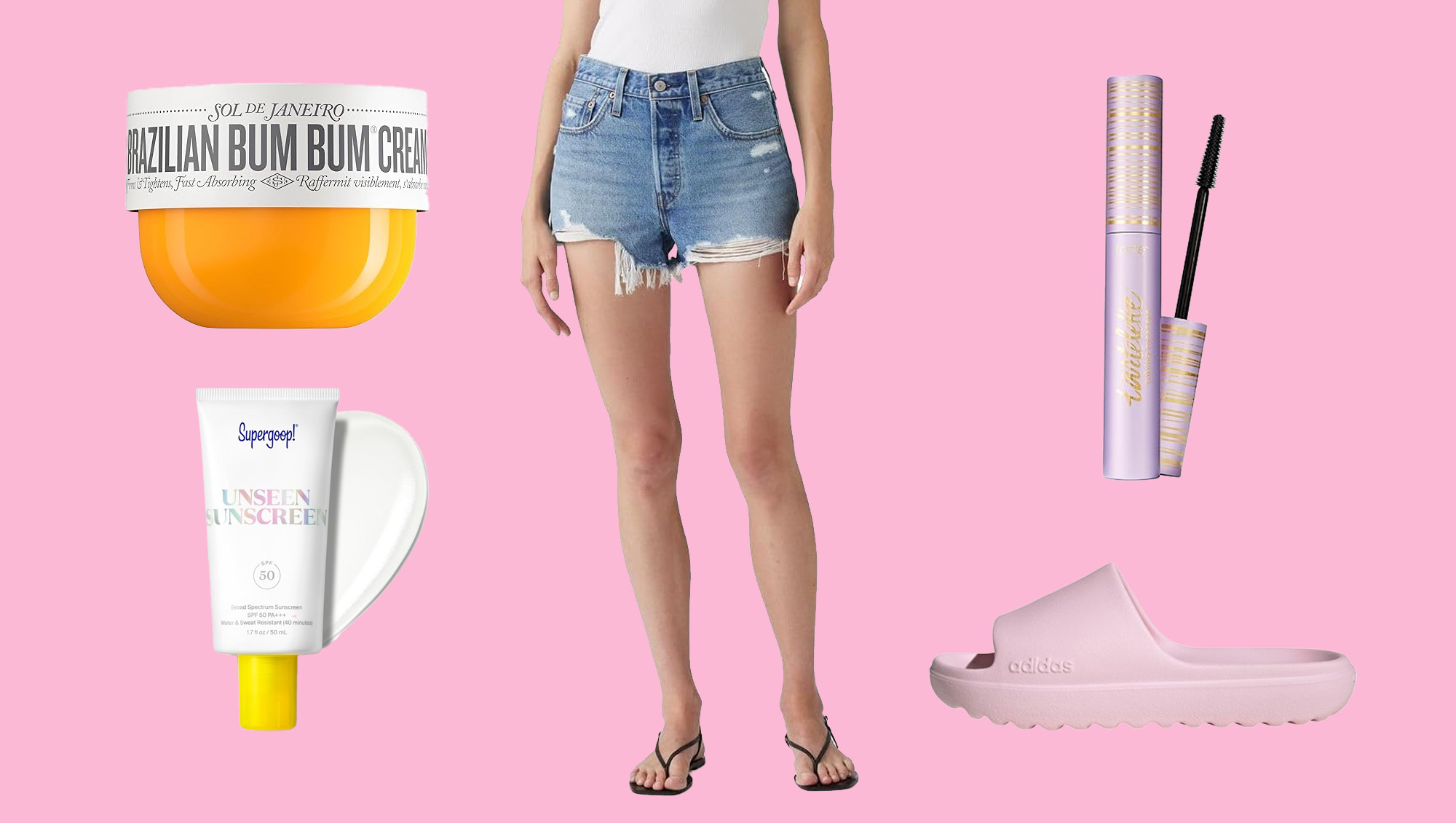 Sol de Janeiro, Supergoop sunscreen, Levi's shorts, Tarte mascara and Adidas slides