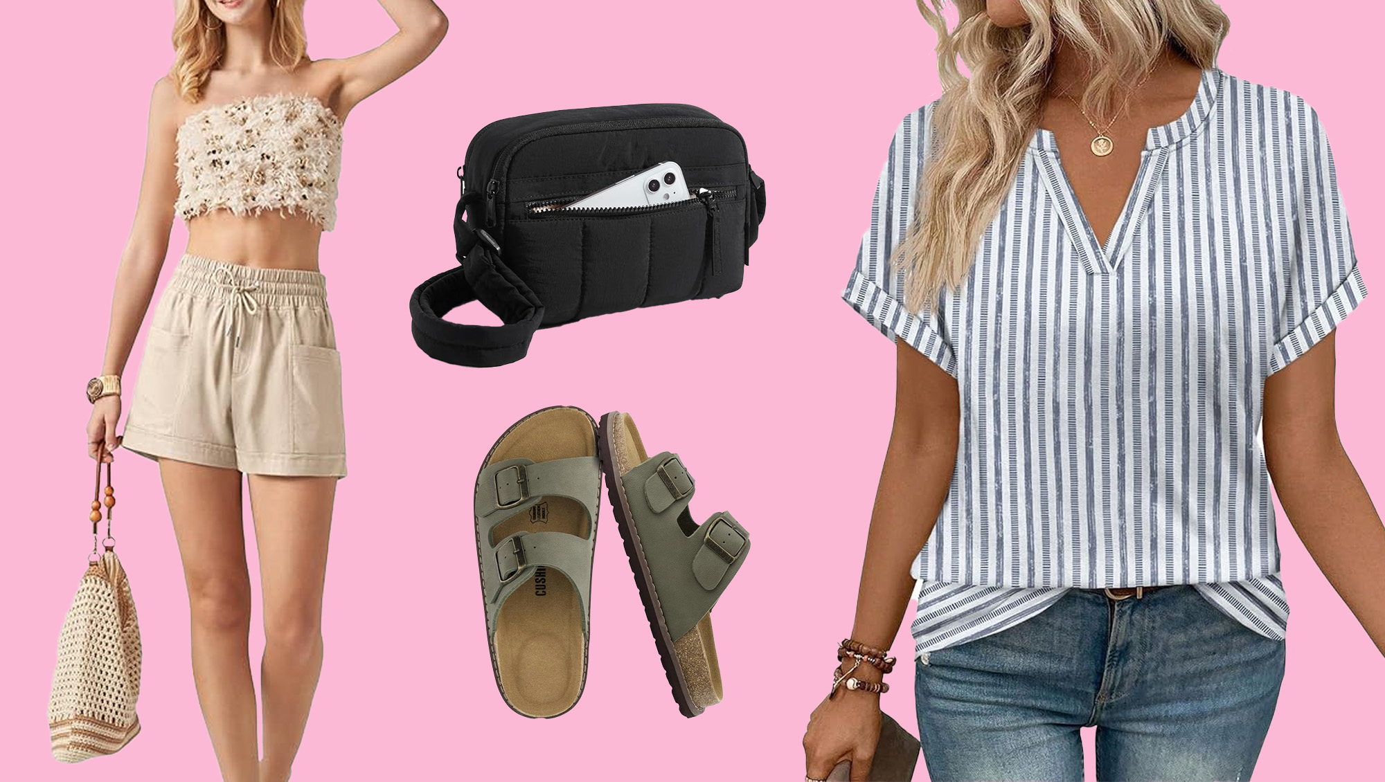 Linen pants, black bag, green sandals and striped top