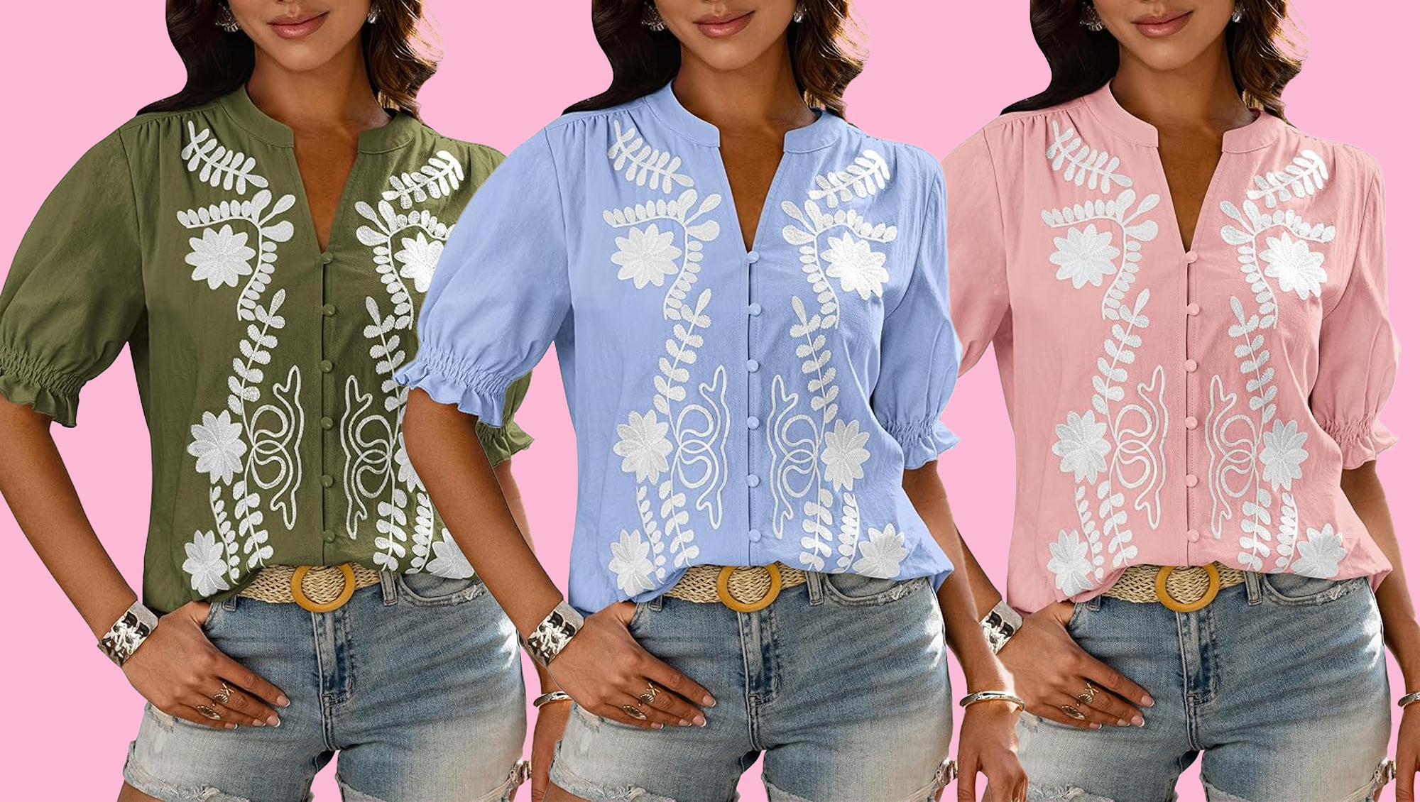 Btfbm Floral Embroidered Puff Sleeve Blouse
