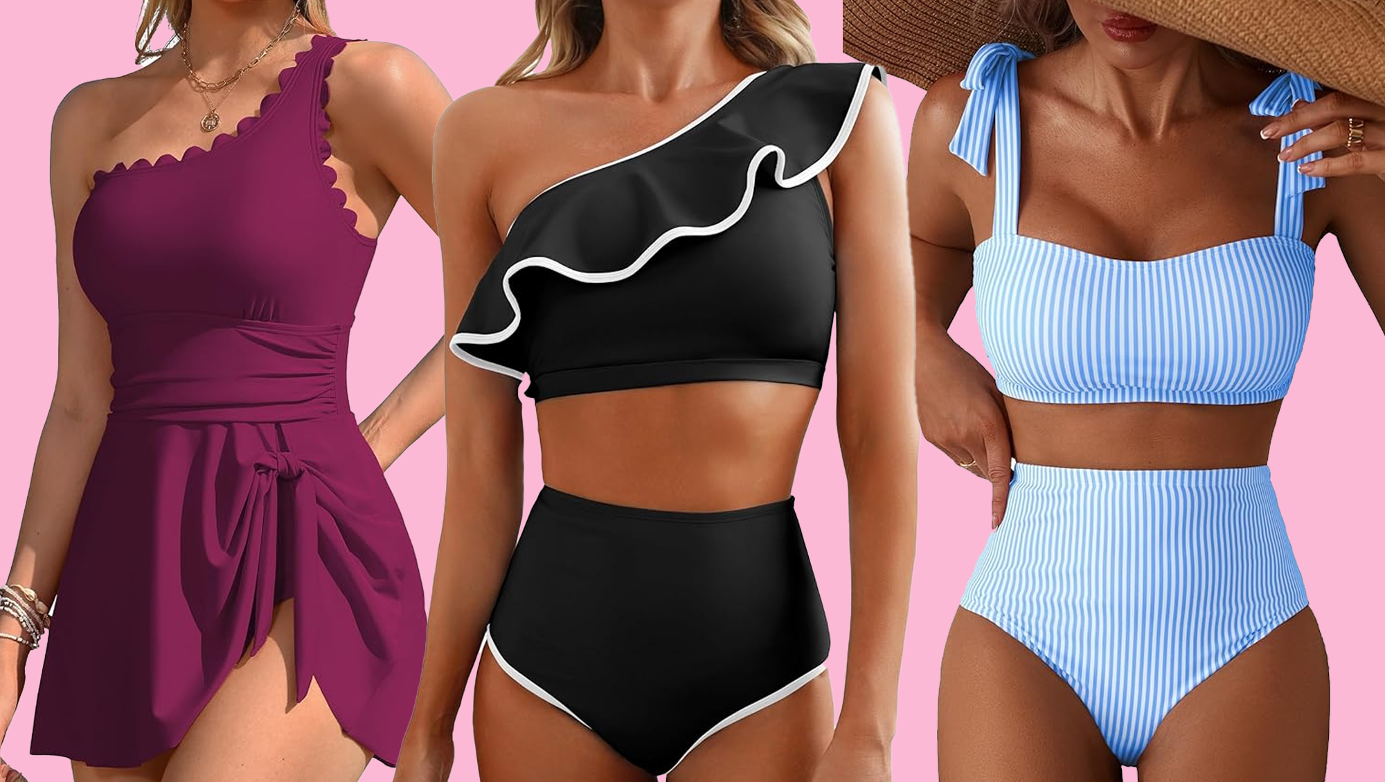 Magenta, black and white and blue striped swimsuit