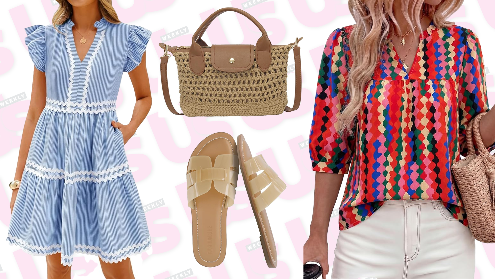 blue dress, woven bag, sandals and colorful top