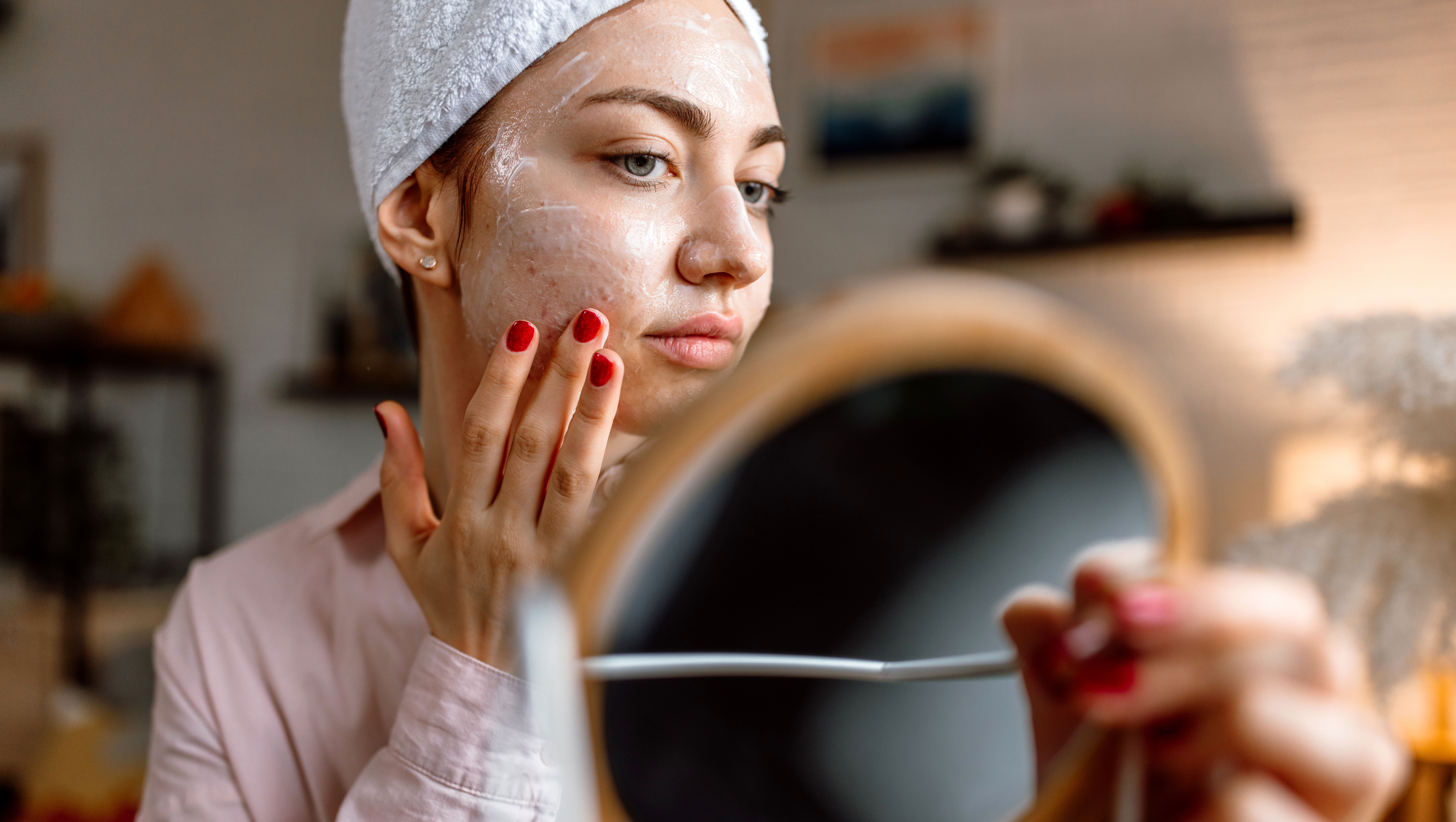 Morning face care routine for problematic skin with acne. - stock photo