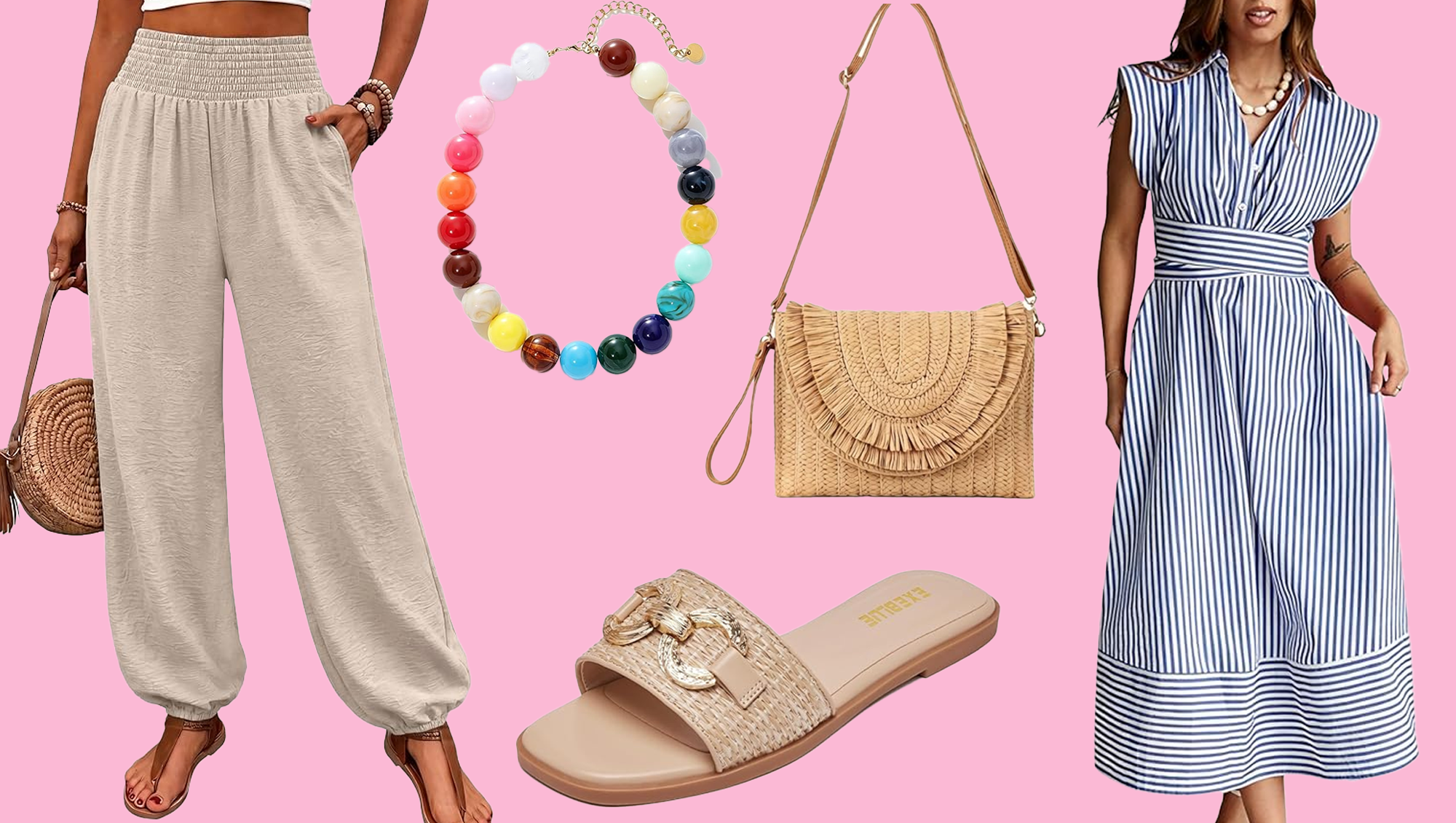 Linen pants, necklace, raffia bag, sandals and a striped dress