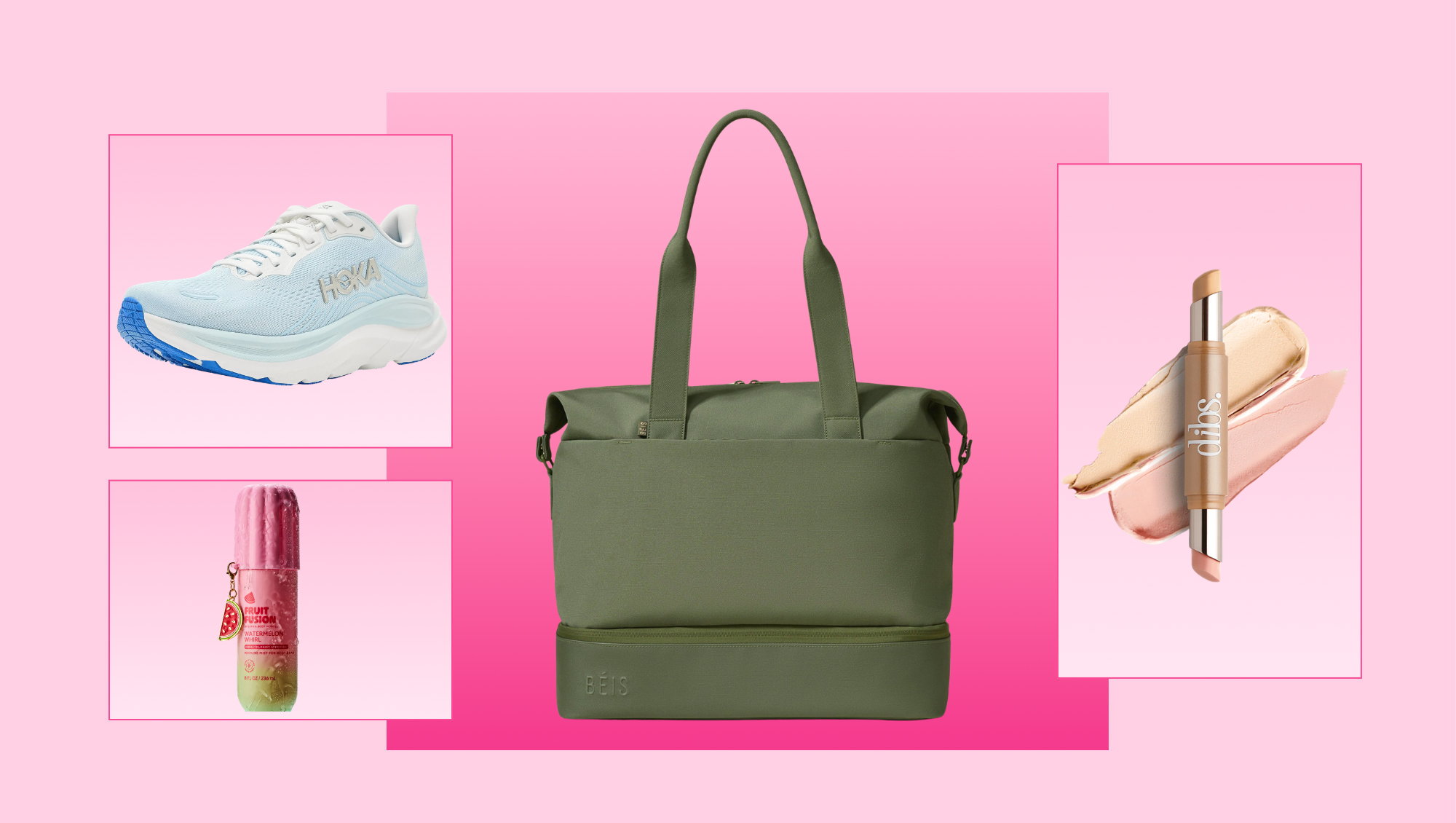 Hoka sneakers, Bath and Body Works body Spray Beis weekender bag and Dibs The Edit stick