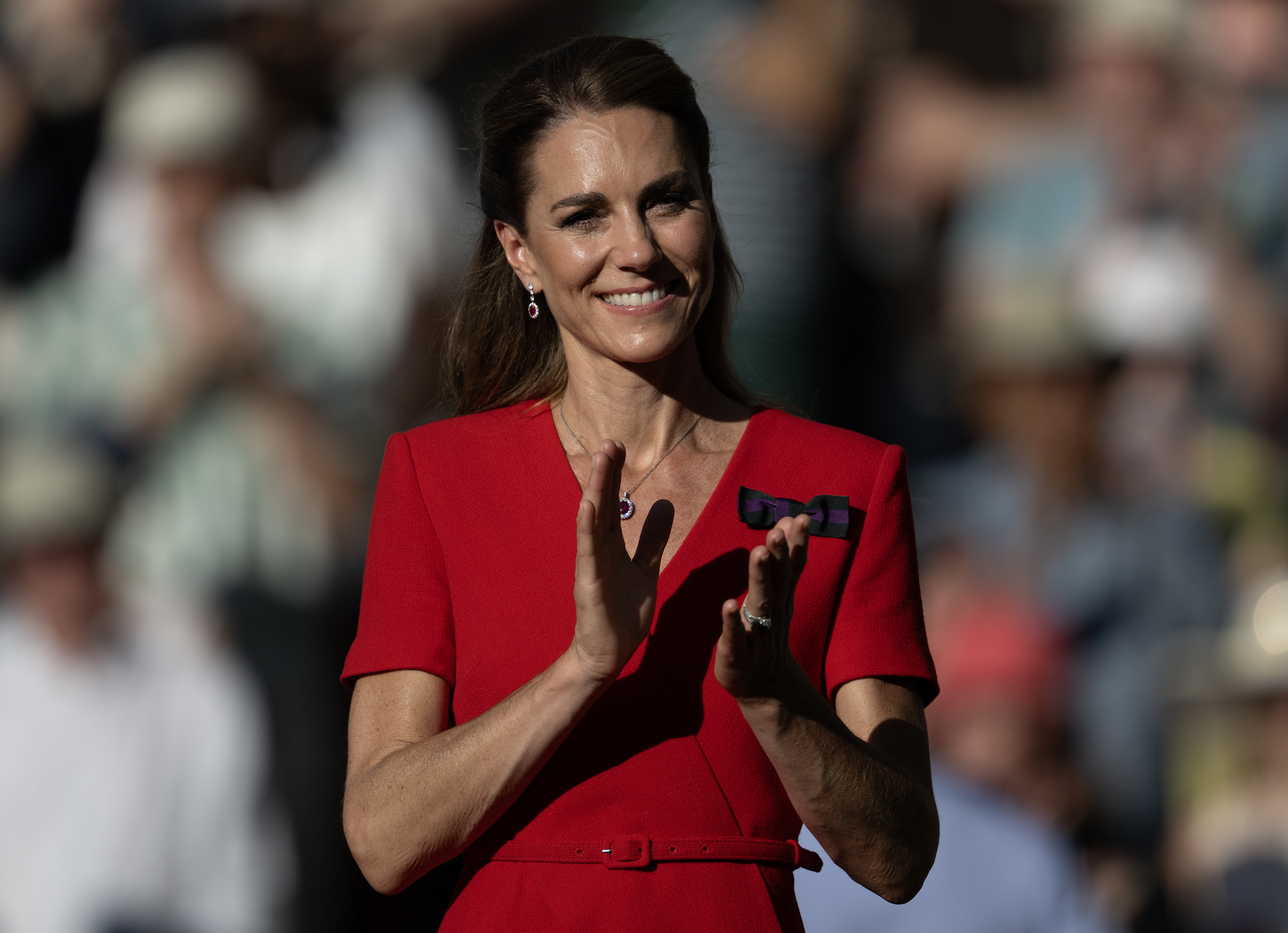 LONDON, ENGLAND - JULY 11: Catherine, Princess of Wales during the trophy presentation of the Women's Singles final on day thirteen of The Championships Wimbledon 2026 at All England Lawn Tennis and Croquet Club on July 11, 2026 in London, England. (Photo by Visionhaus/Getty Images)
