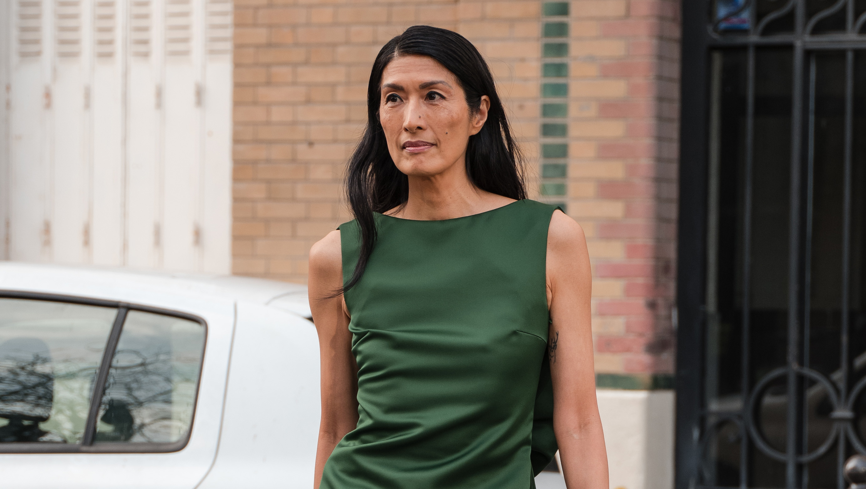 PARIS, FRANCE - JANUARY 24: Suzi De Givenchy wears green long sleeveless top with matching oants, outside Viktor & Rolf, during the Haute Couture Spring/Summer 2024 as part of Paris Fashion Week on January 24, 2024 in Paris, France. (Photo by Claudio Lavenia/Getty Images)