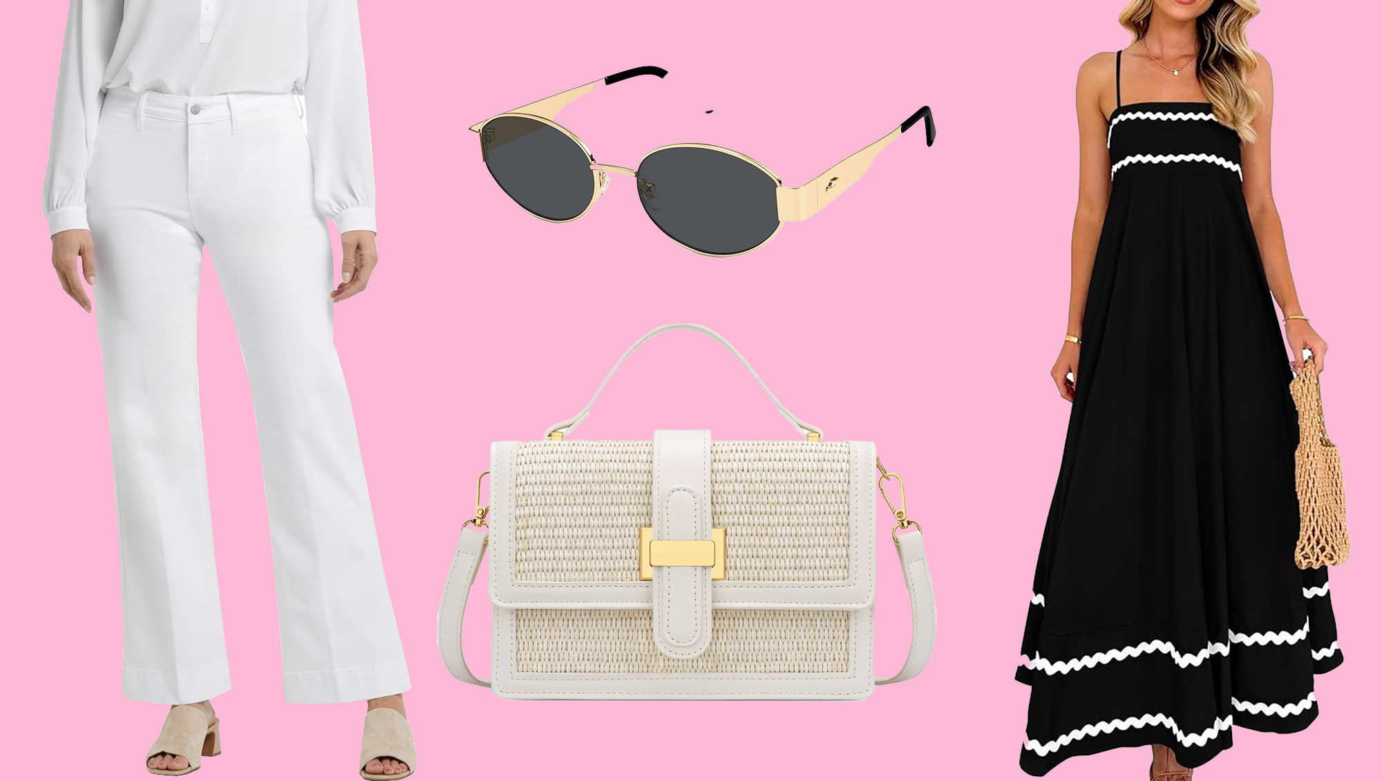 white jeans, oval sunglasses, white bag and black dress