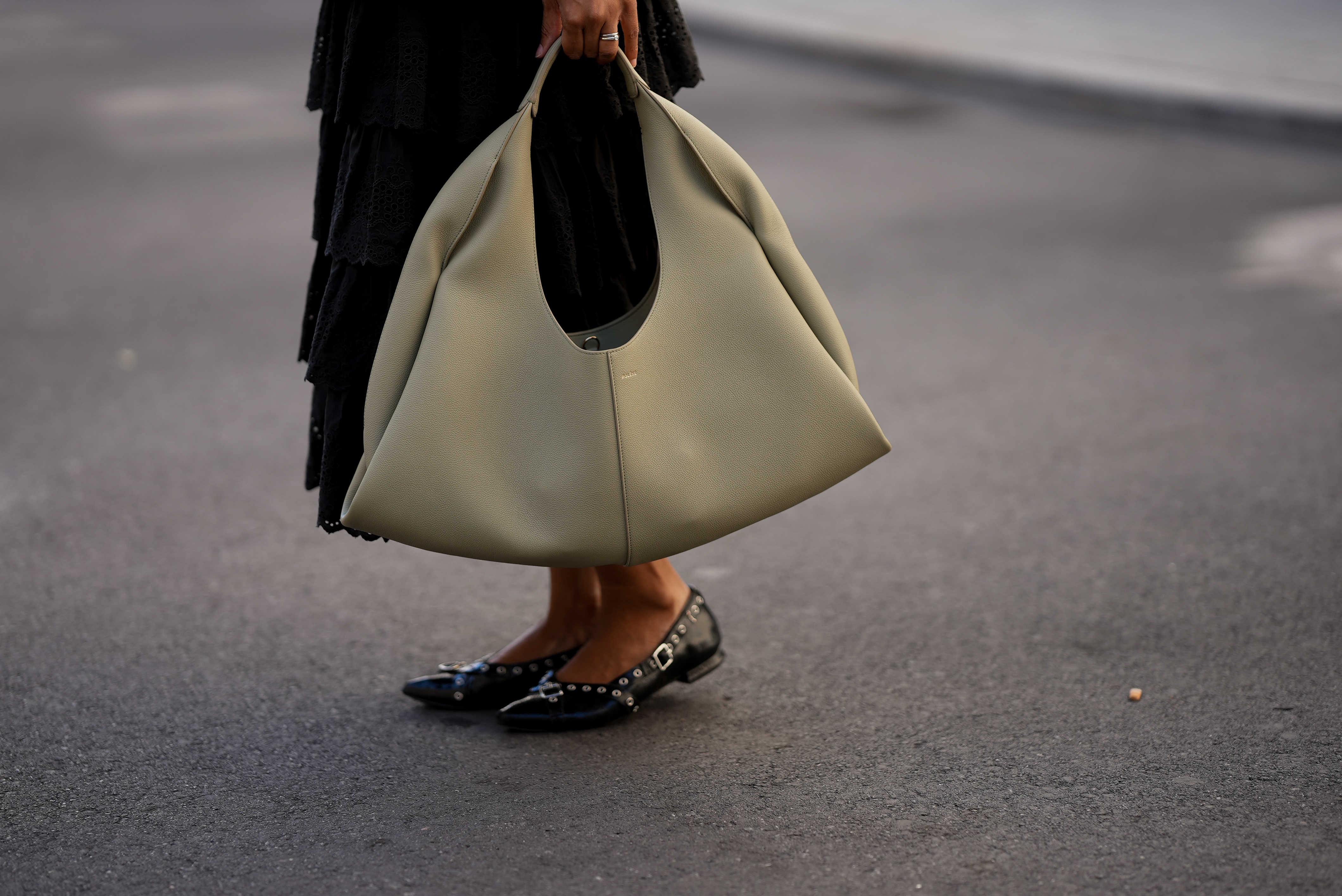 MUNICH, GERMANY - SEPTEMBER 15: Miriam Nehring is seen carrying a cream leather Shuldo shoulder bag from Pol&egrave;ne on September 15, 2026 in Munich, Germany. (Photo by Moritz Scholz/Getty Images)