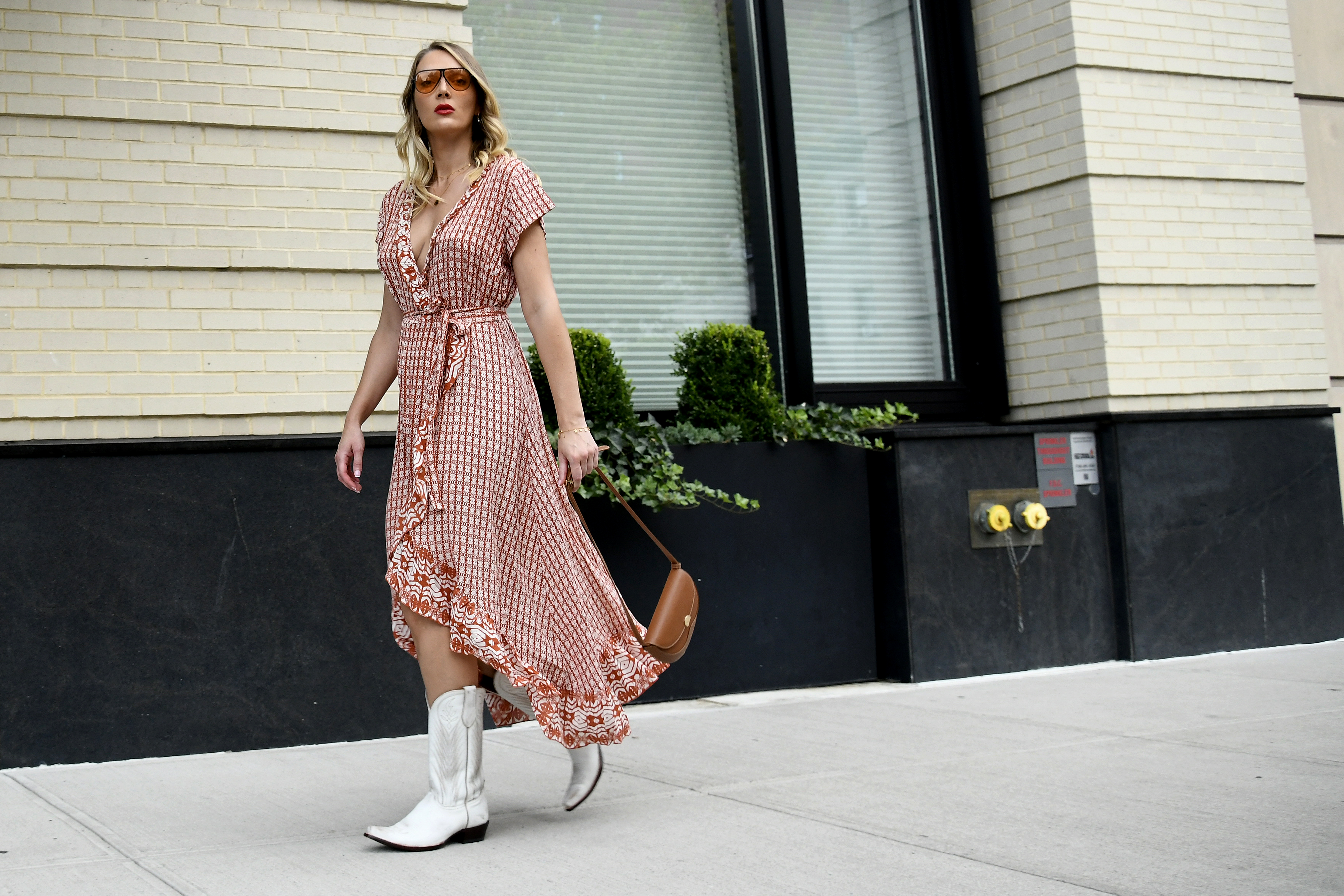 Victoria Jancke is seen wearing a dress and boots from Bootbarn, a bag from Oleada and jewelry from Purelei on September 10, 2022 in New York City.