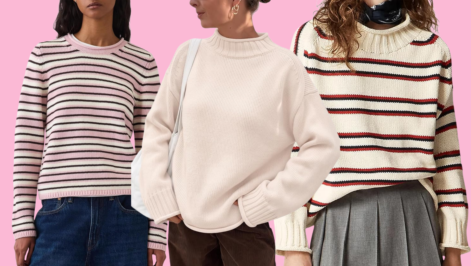 Pink striped, cream and white striped sweater