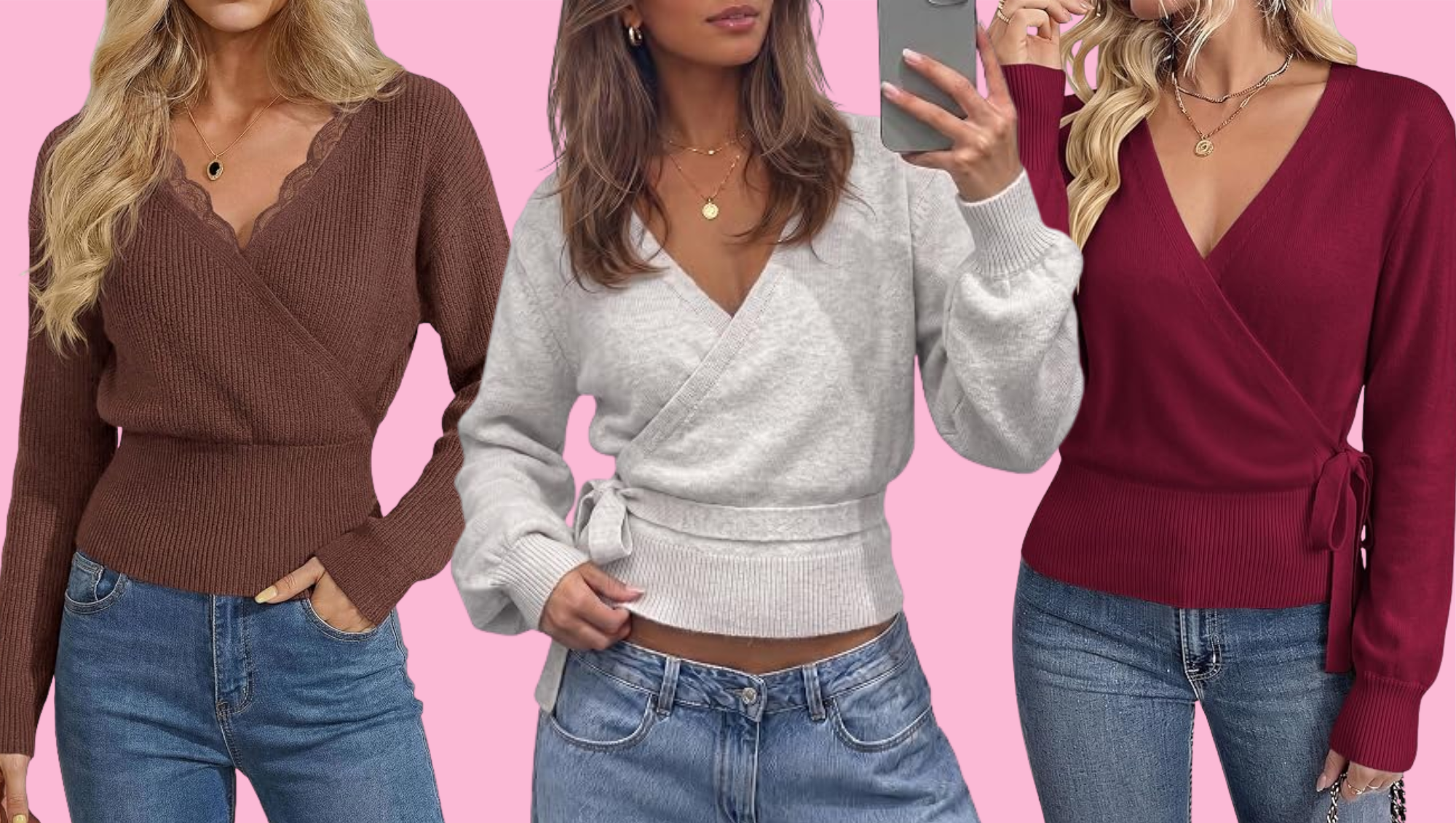Brown, gray and burgundy wrap sweaters