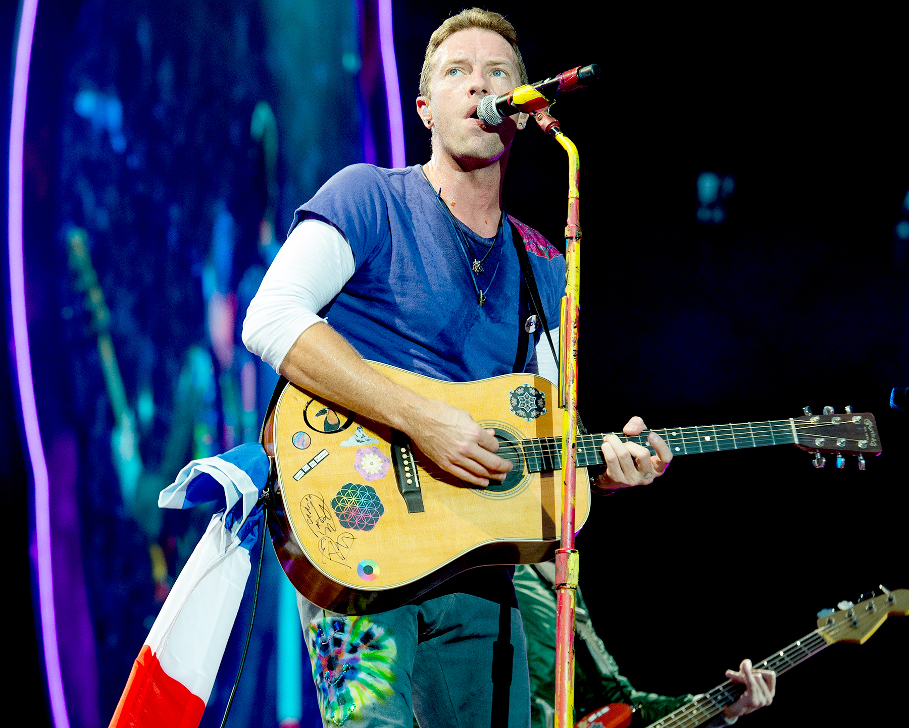 Chris Martin from Coldplay performs at Stade de France on July 15, 2017 in Paris, France.