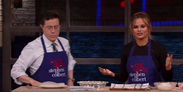 Chrissy Teigen talks baby names while cooking with Stephen Colbert