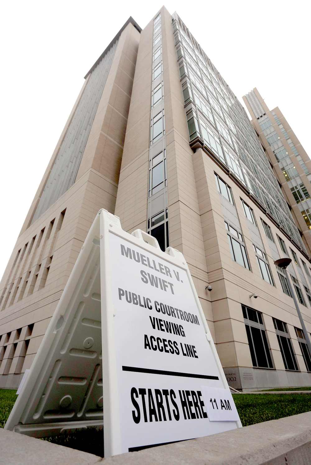 A sign directing the public before the start of civil case for Taylor Swift vs David Mueller at the Alfred A. Arraj Courthouse on August 7, 2017 in Denver, Colorado.