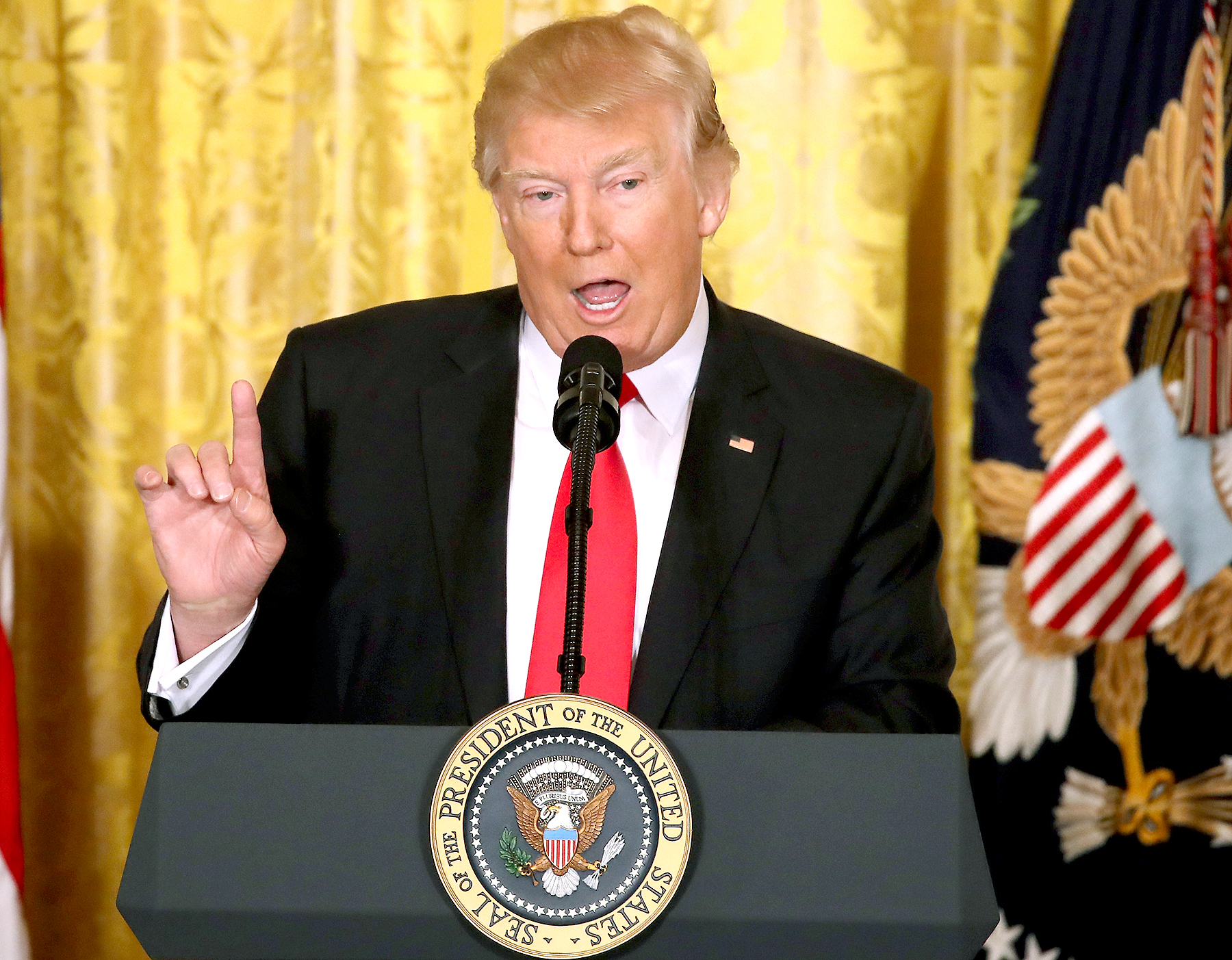 Donald Trump speaks during a news conference announcing Alexander Acosta as the new Labor Secretary nominee in the East Room at the White House on February 16, 2017 in Washington, DC.