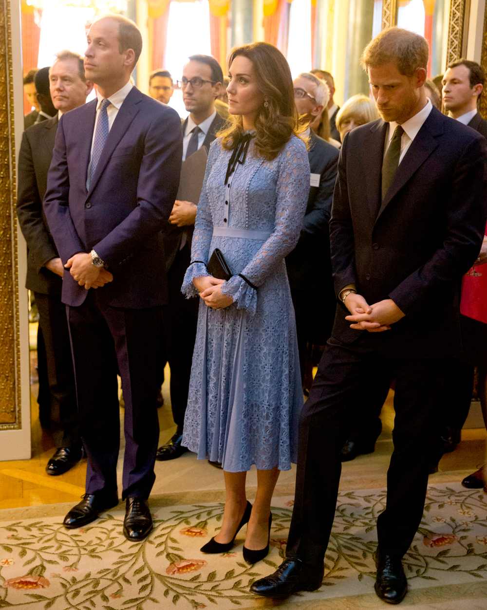 Prince William, Duke of Cambridge and Catherine, Duchess of Cambridge and Prince Harry attend a reception on World Mental Health Day to celebrate the contribution of those working in the mental health sector across the UK at Buckingham Palace on October 10, 2017 in London, England.