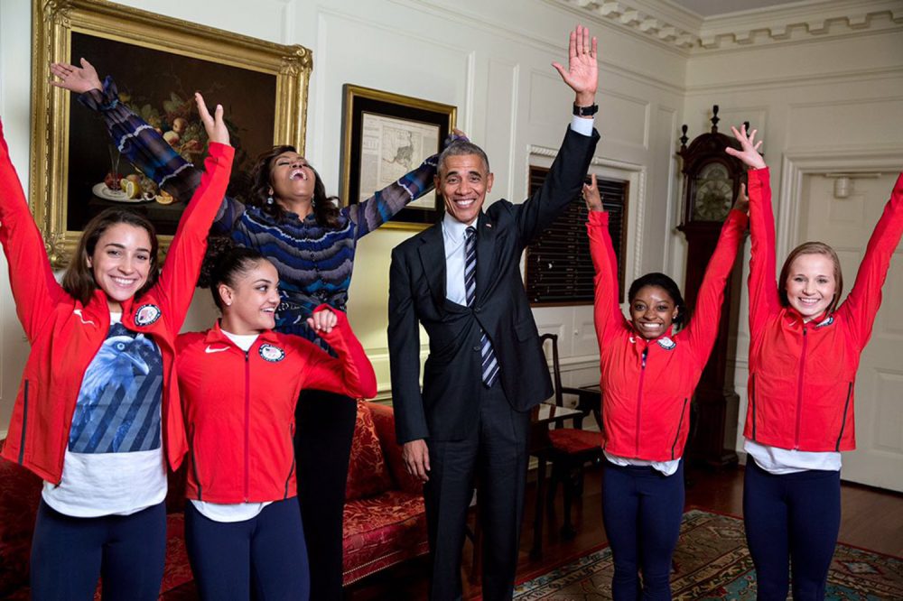 Aly Raisman, Laurie Hernandez, Michelle Obama, Barack Obama, Simone Biles and Madison Kocian