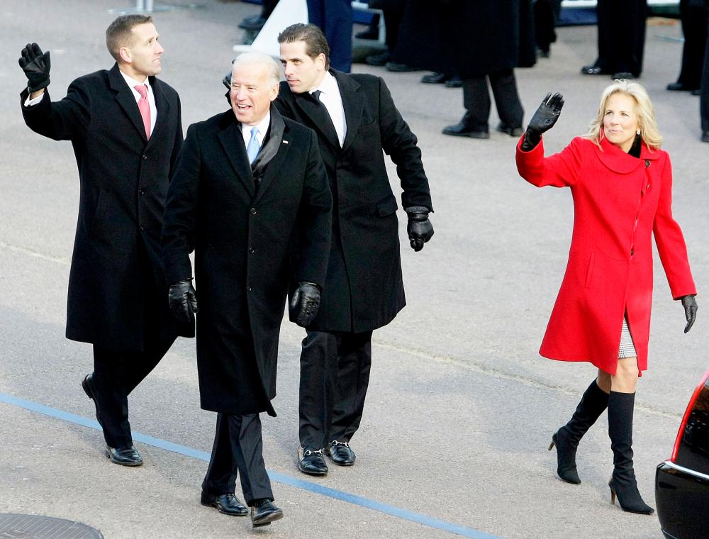 Joe Biden arrives with his family, wife Jill, sons Hunter and Beau at the reviewing stand to watch the Inaugural Parade from in front of The White House January 20, 2009 in Washington, DC.