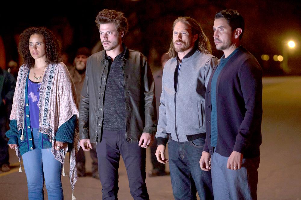 Parisa Fitz-Henly as Fiji, Francois Arnaud as Manfred, Jason Lewis as Joe, and Bernardo Saracino as Chuy on Midnight, Texas.